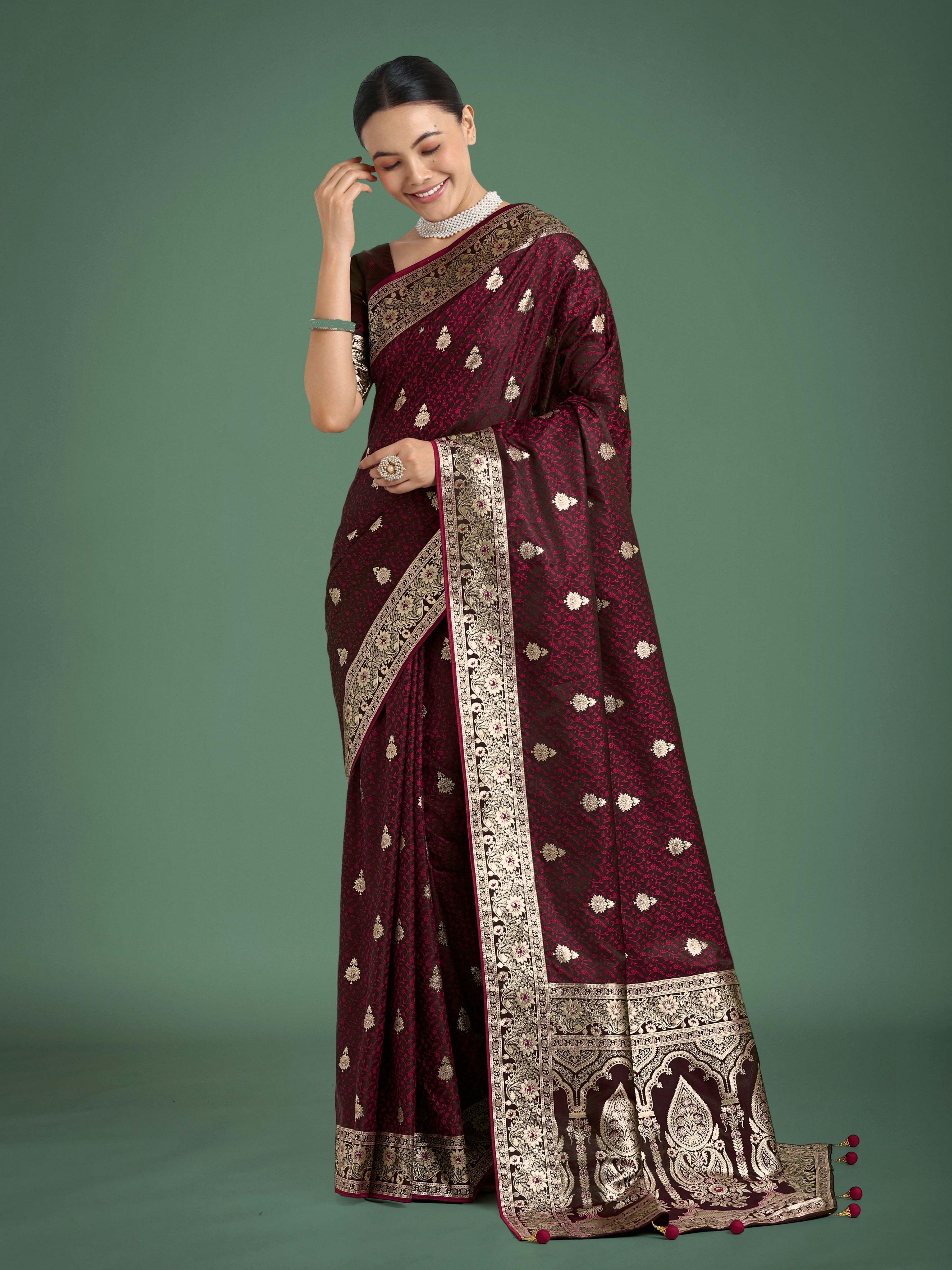 Maroon Banarasi Satin Silk Saree with Intricate Zari Woven Work