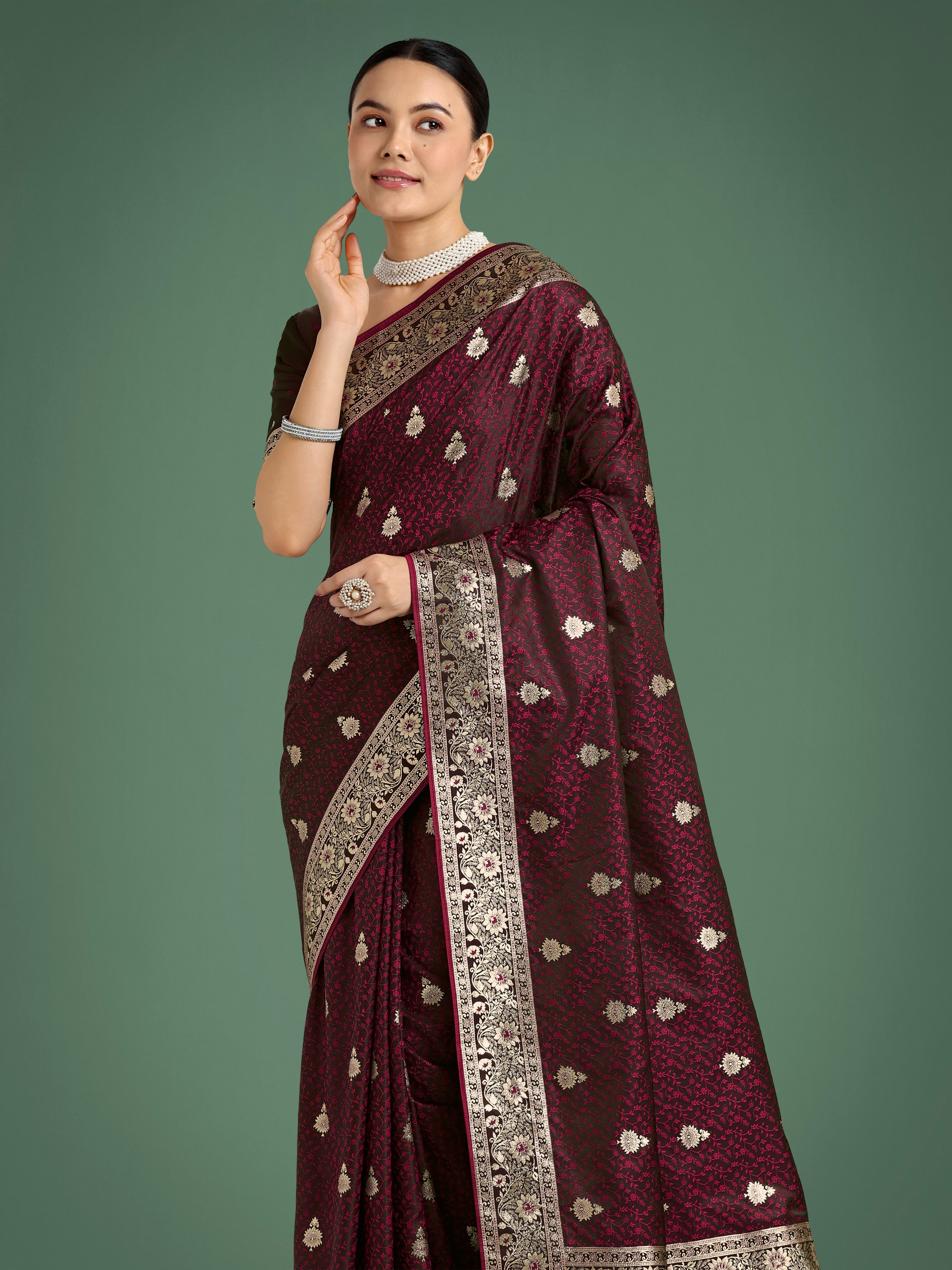 Maroon Banarasi Satin Silk Saree with Intricate Zari Woven Work