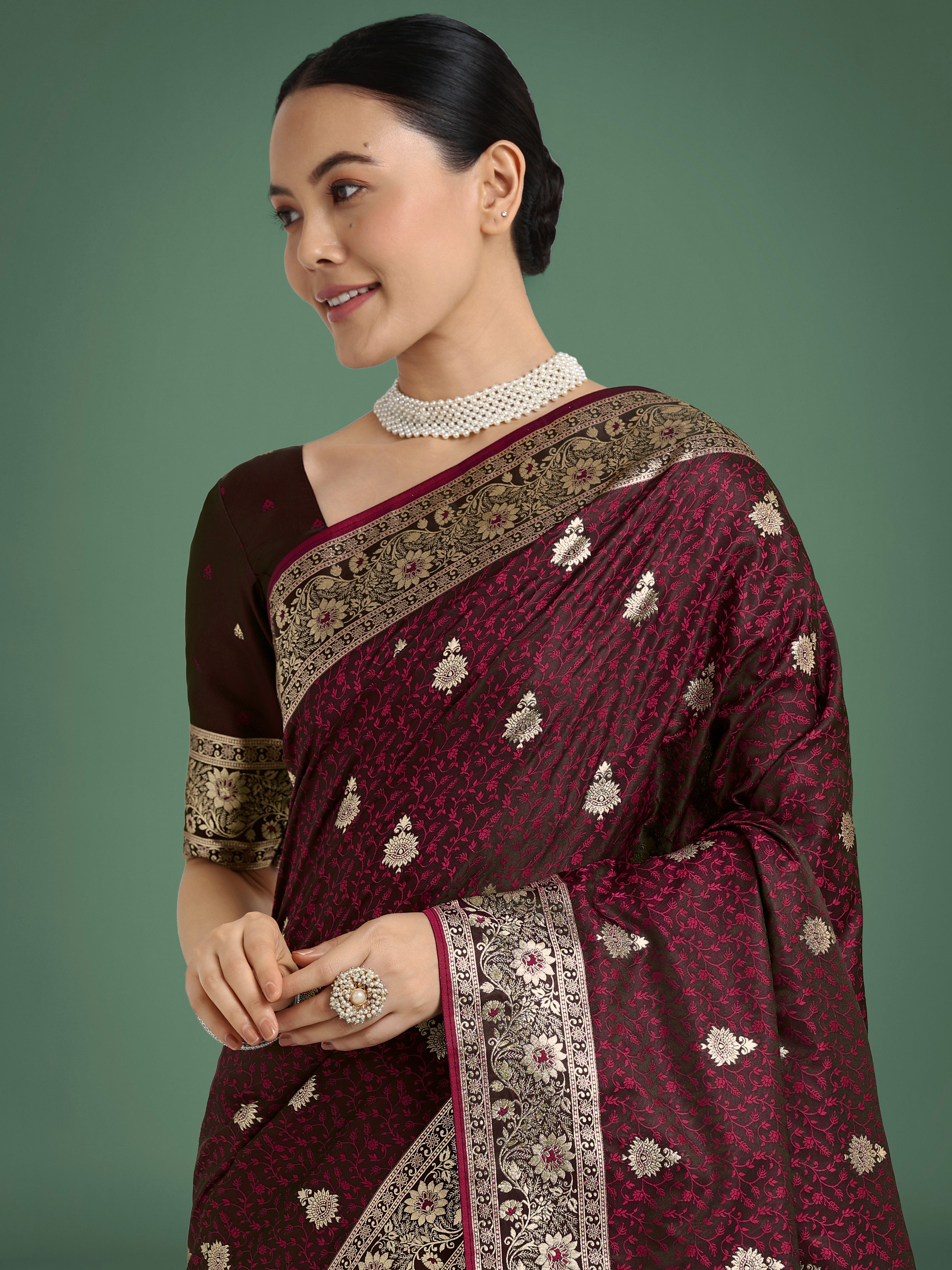 Maroon Banarasi Satin Silk Saree with Intricate Zari Woven Work