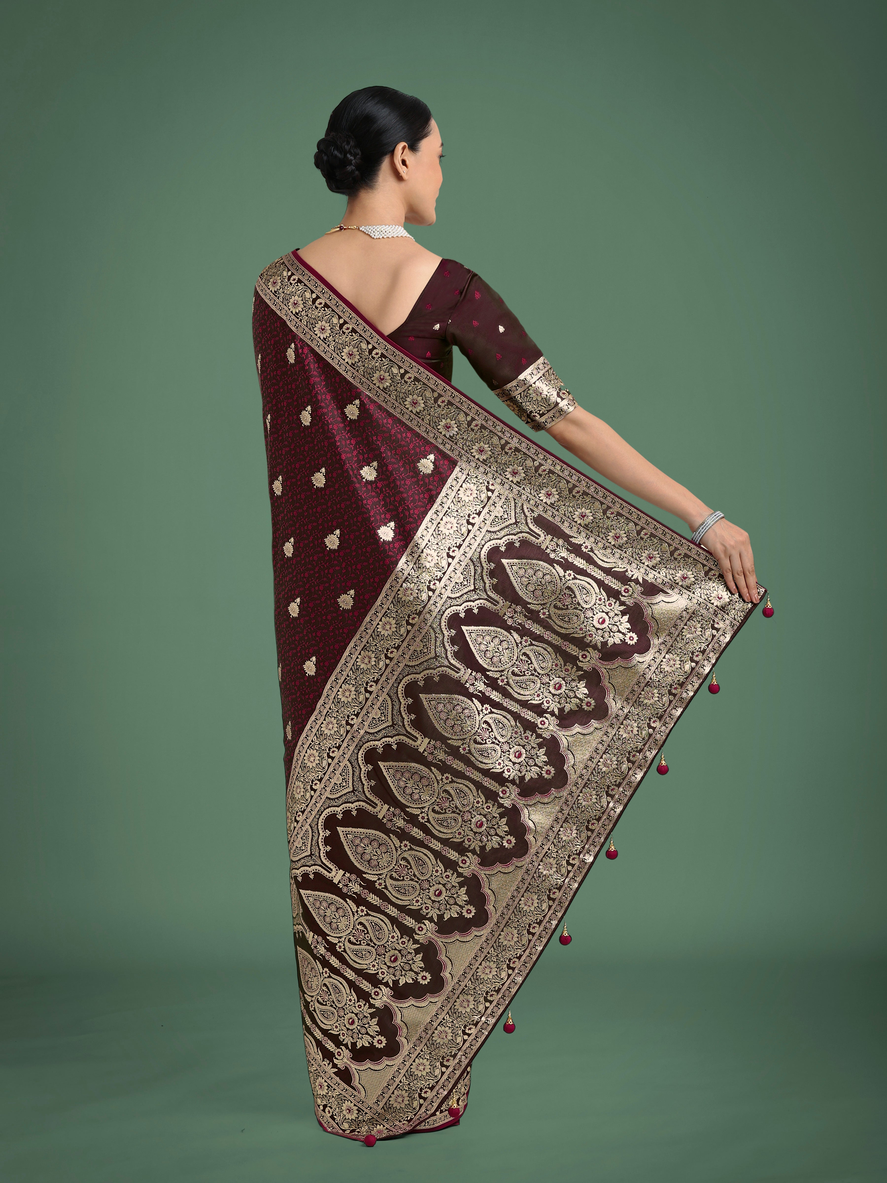 Maroon Banarasi Satin Silk Saree with Intricate Zari Woven Work