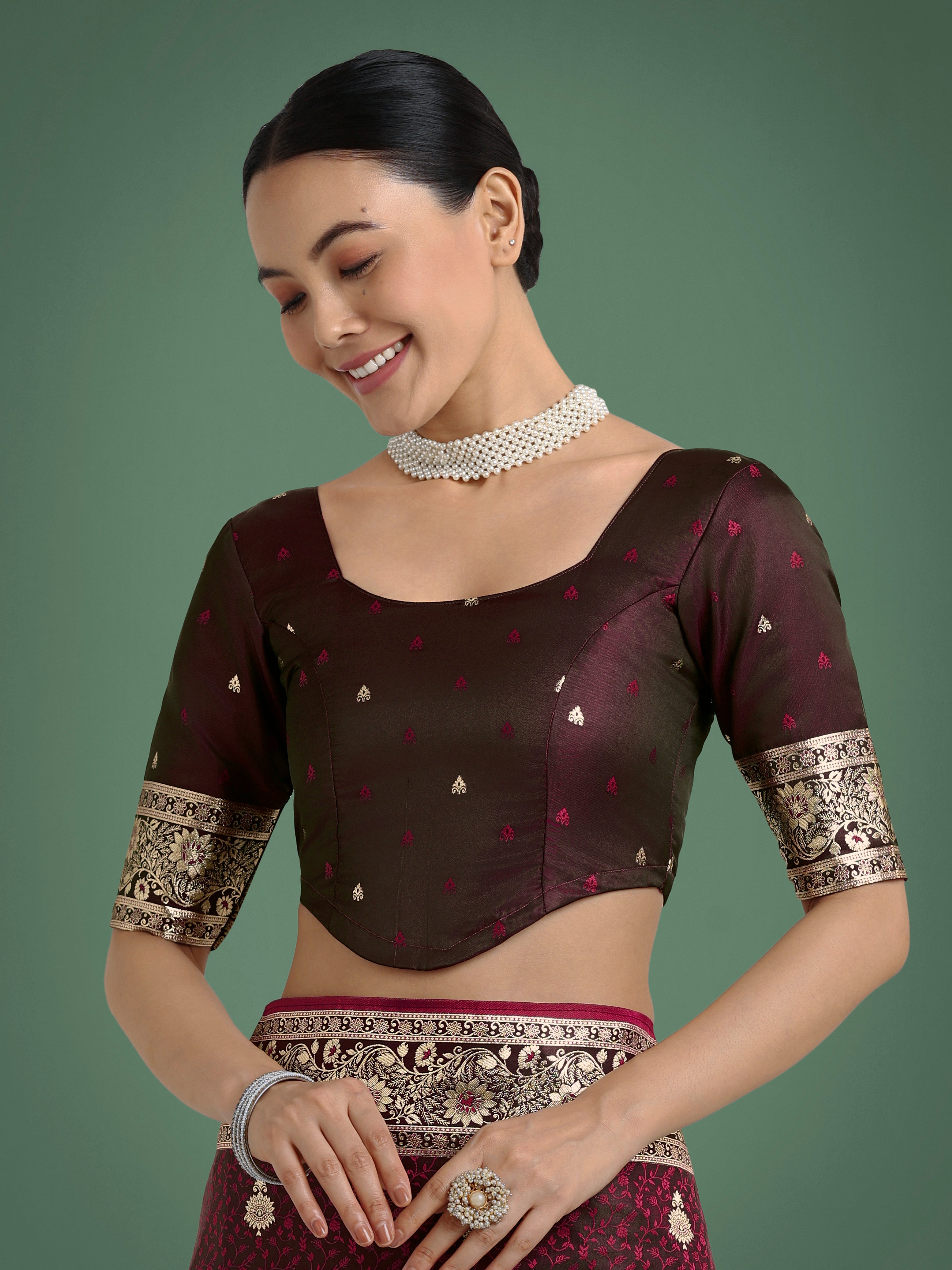 Maroon Banarasi Satin Silk Saree with Intricate Zari Woven Work