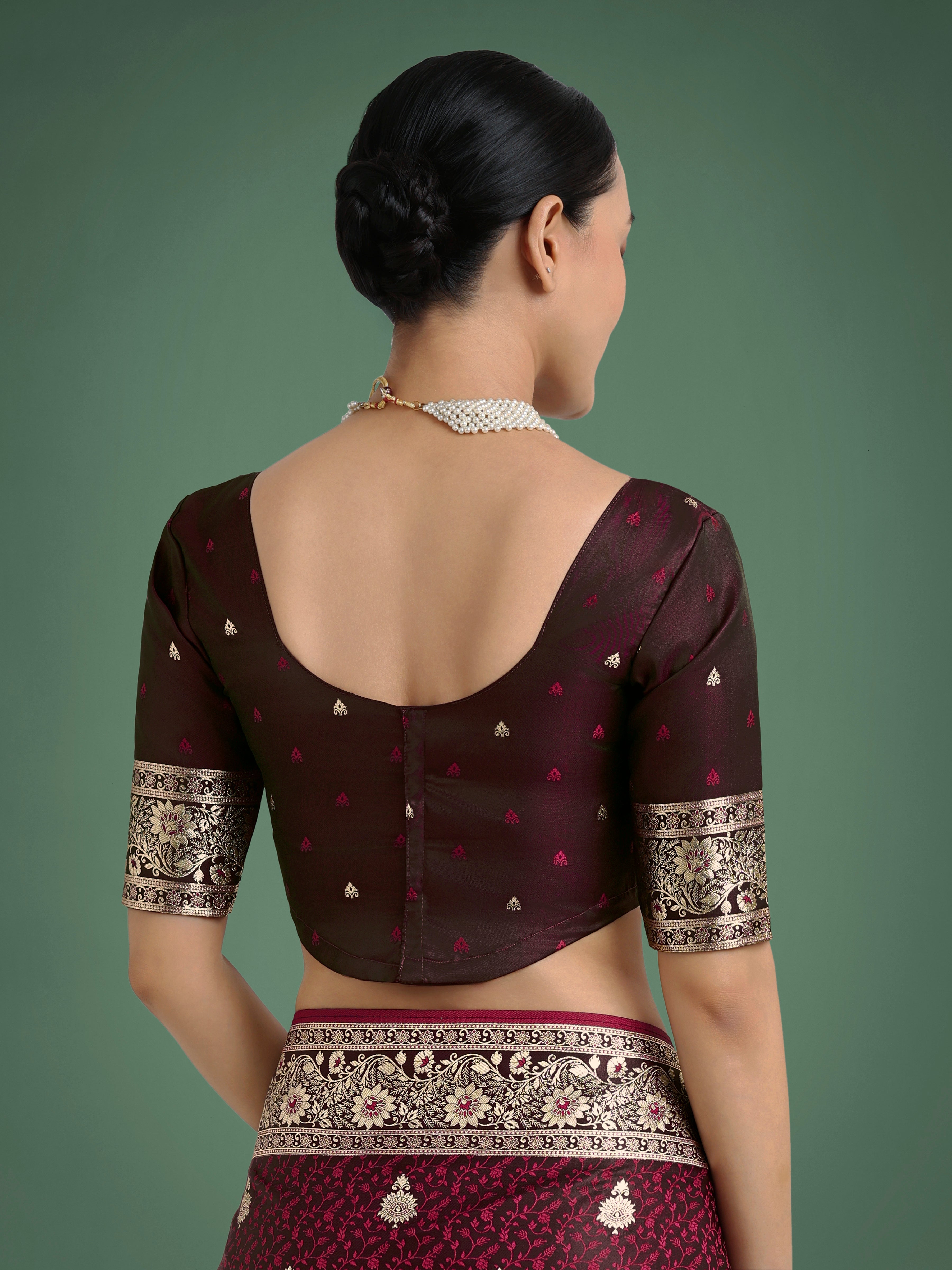 Maroon Banarasi Satin Silk Saree with Intricate Zari Woven Work