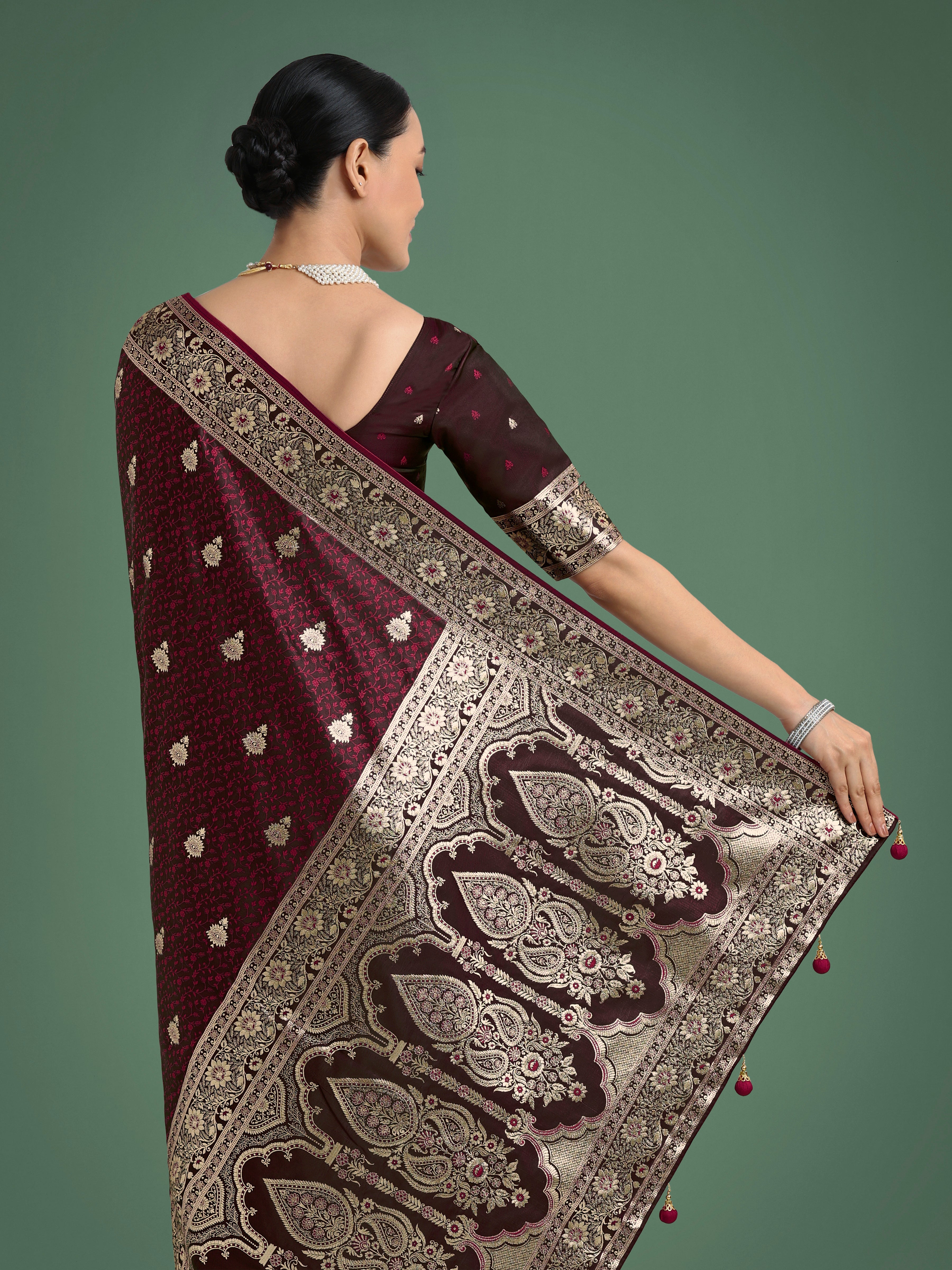 Maroon Banarasi Satin Silk Saree with Intricate Zari Woven Work