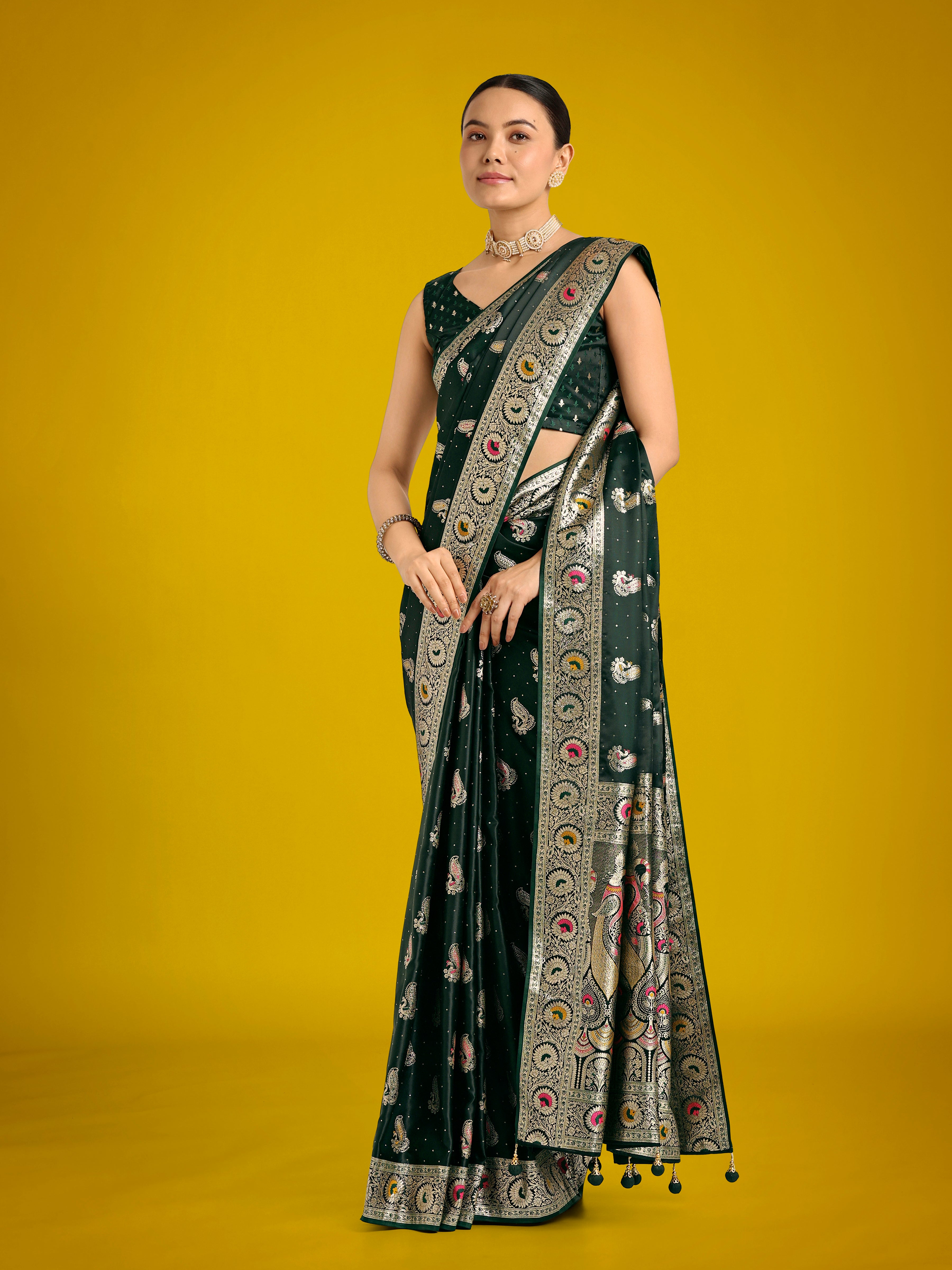 Dark Green Color Festival Wear Banarasi Satin Silk Designer Zari Weaving Saree