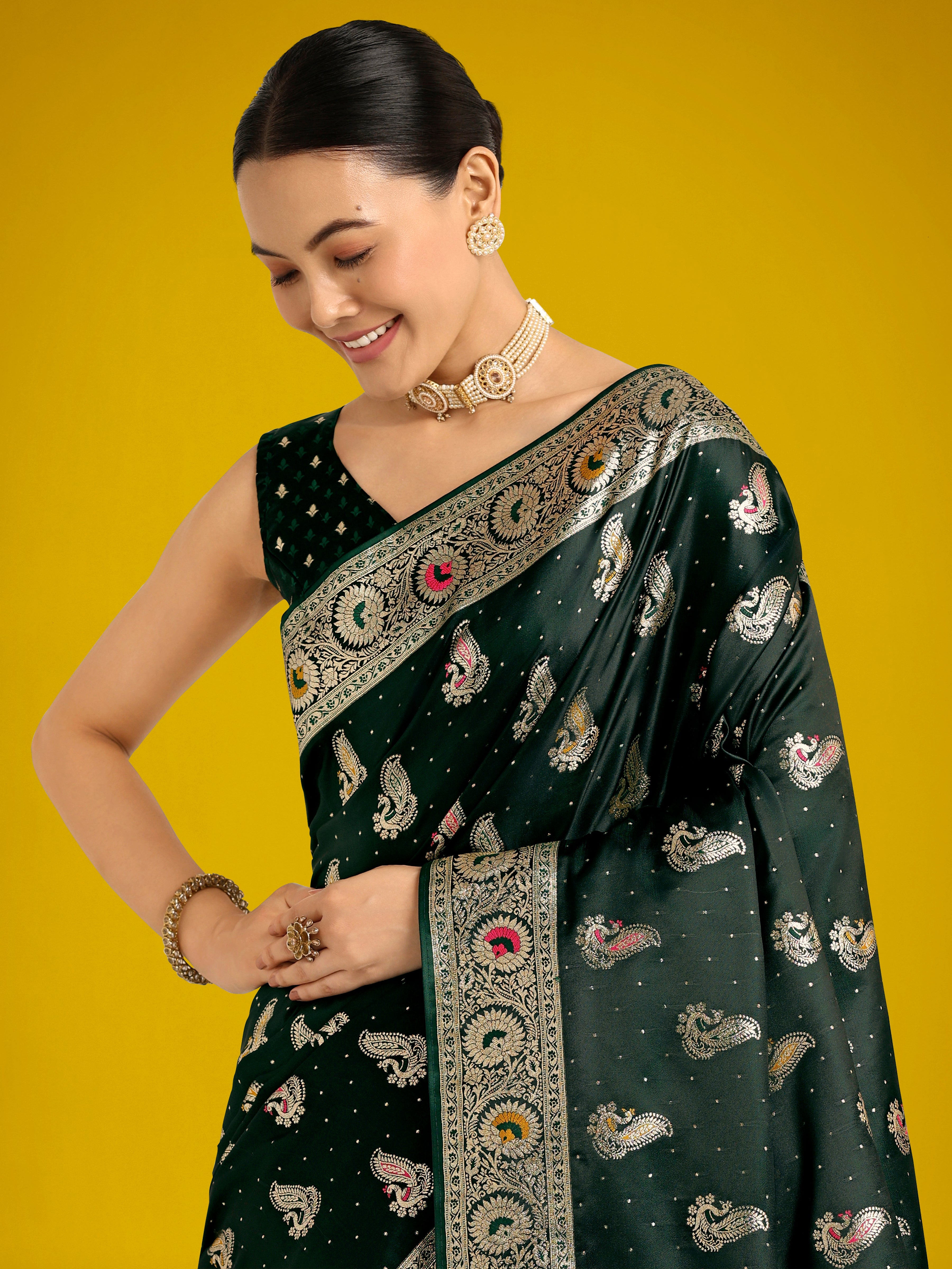 Dark Green Color Festival Wear Banarasi Satin Silk Designer Zari Weaving Saree