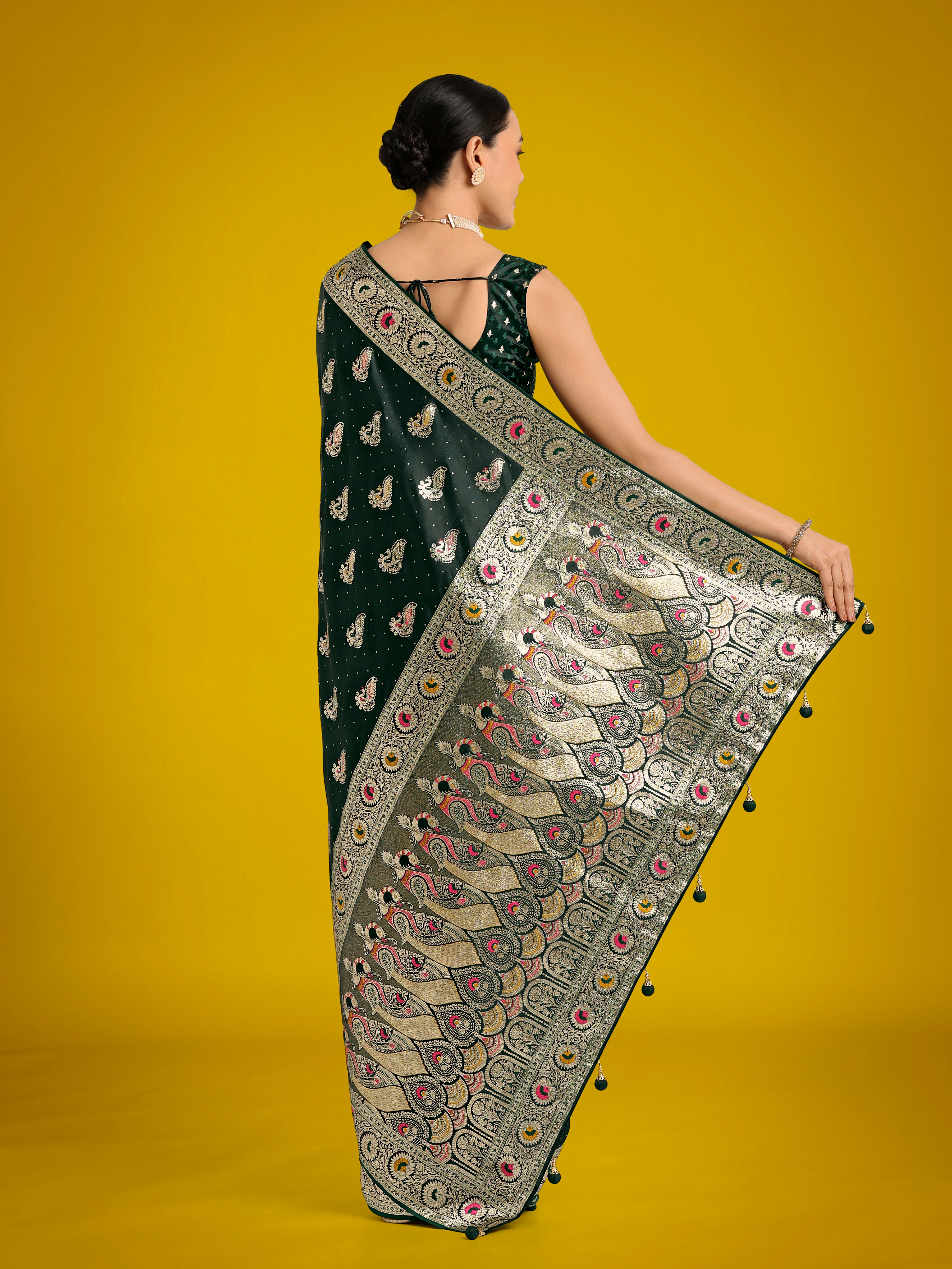 Dark Green Color Festival Wear Banarasi Satin Silk Designer Zari Weaving Saree
