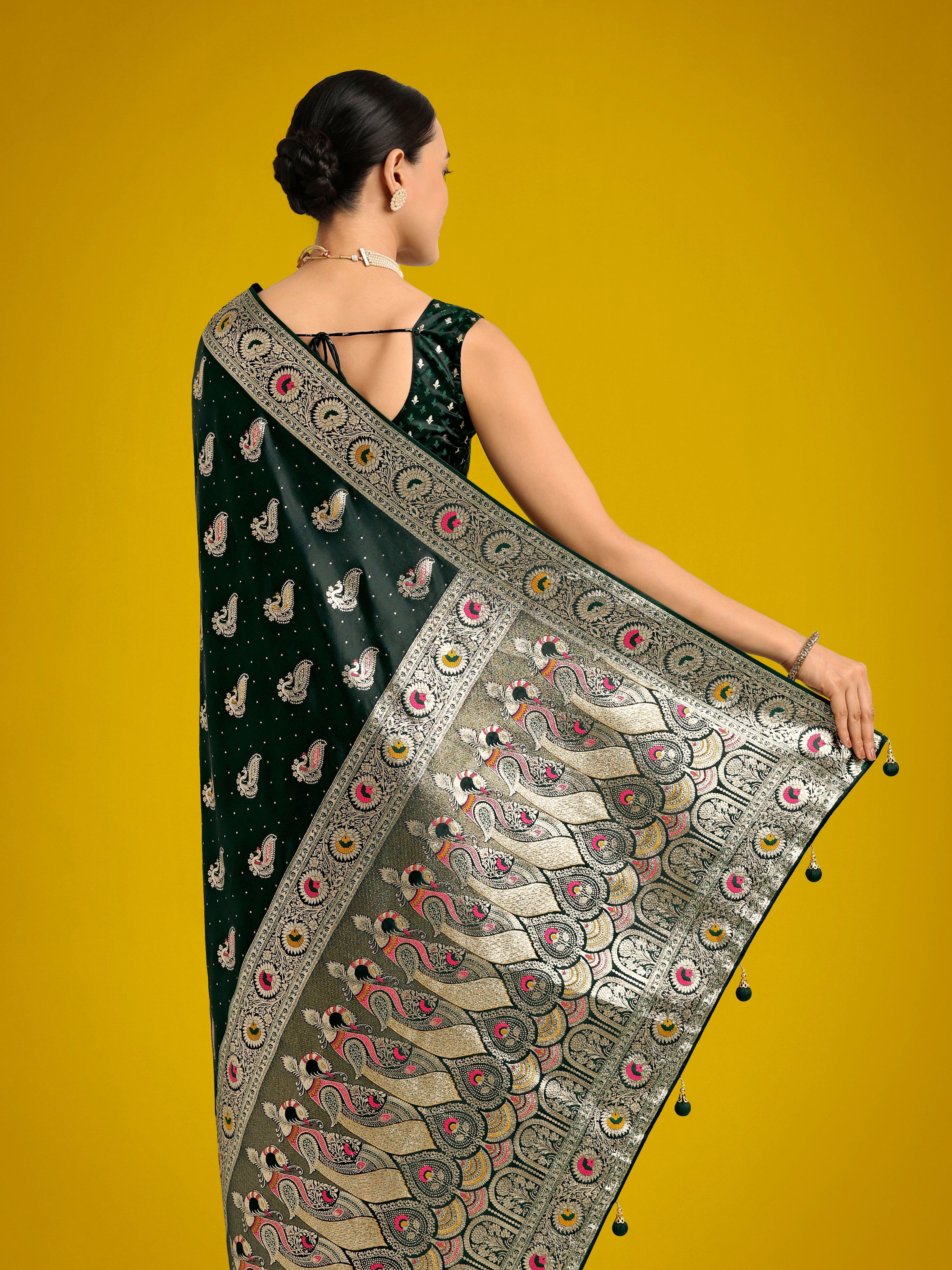 Dark Green Color Festival Wear Banarasi Satin Silk Designer Zari Weaving Saree