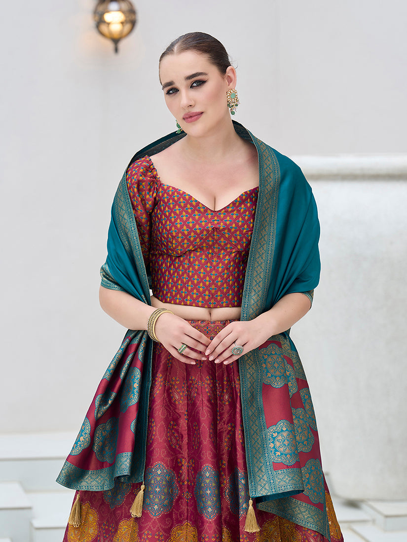 Maroon Color Kanjiwaram Silk Jacquard Designer Lehenga Choli