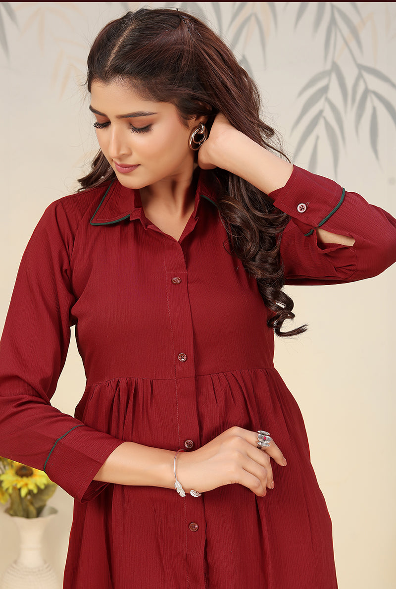 Maroon Cotton Solid Festival Casual Readymade Co-Ord Set