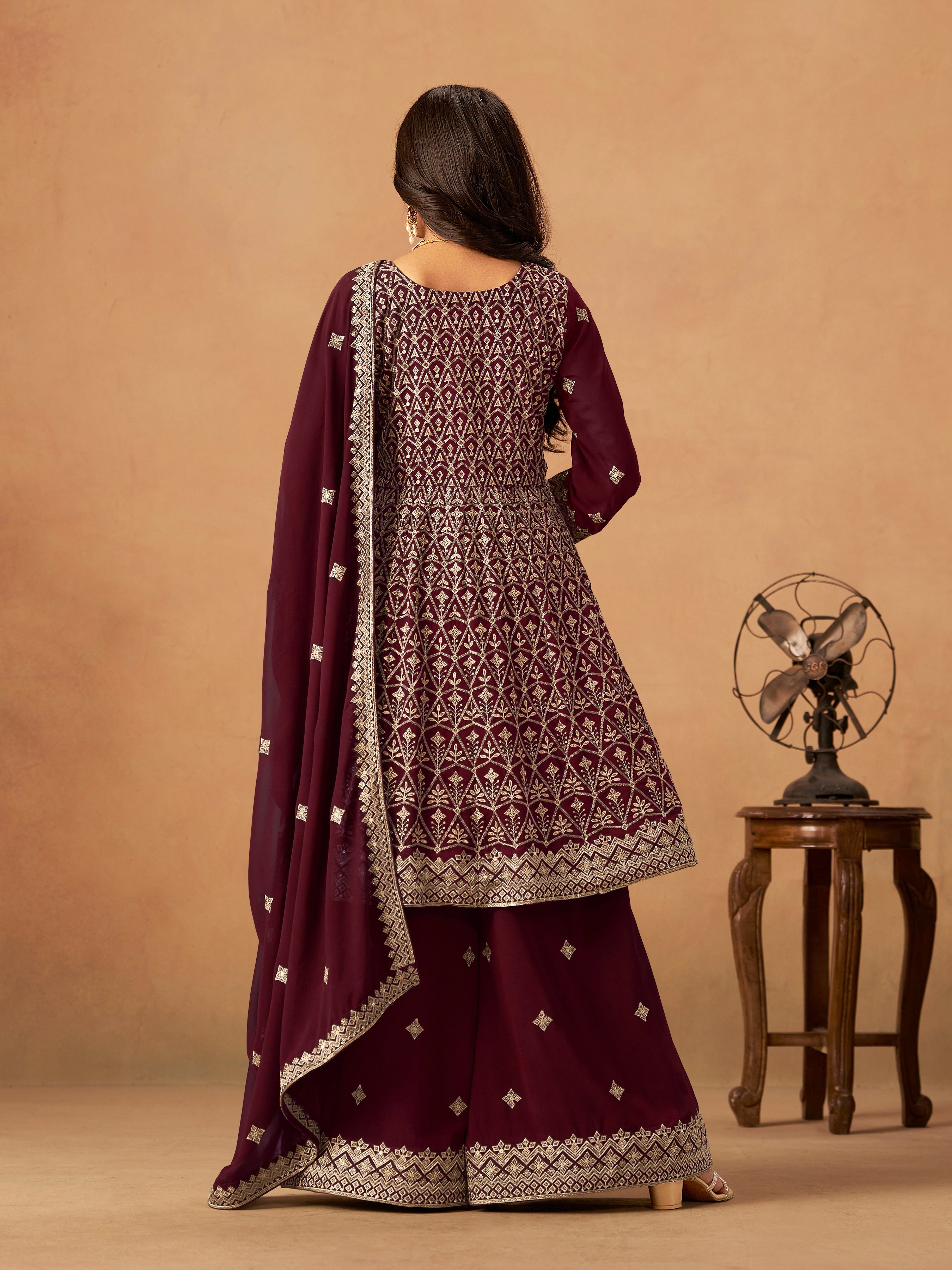 Maroon Embroidered Faux Georgette Trendy Palazzo Salwar Kameez