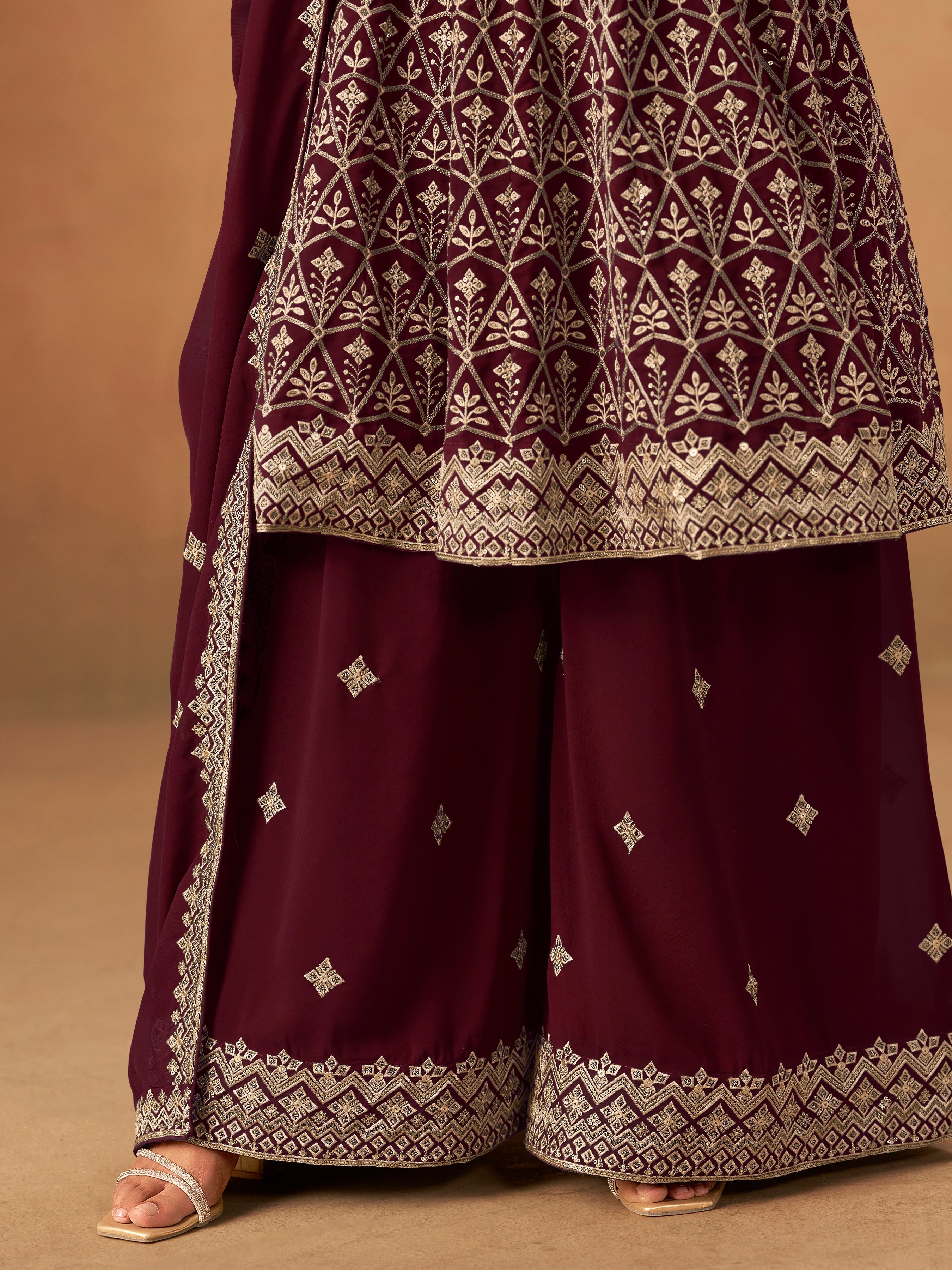 Maroon Embroidered Faux Georgette Trendy Palazzo Salwar Kameez