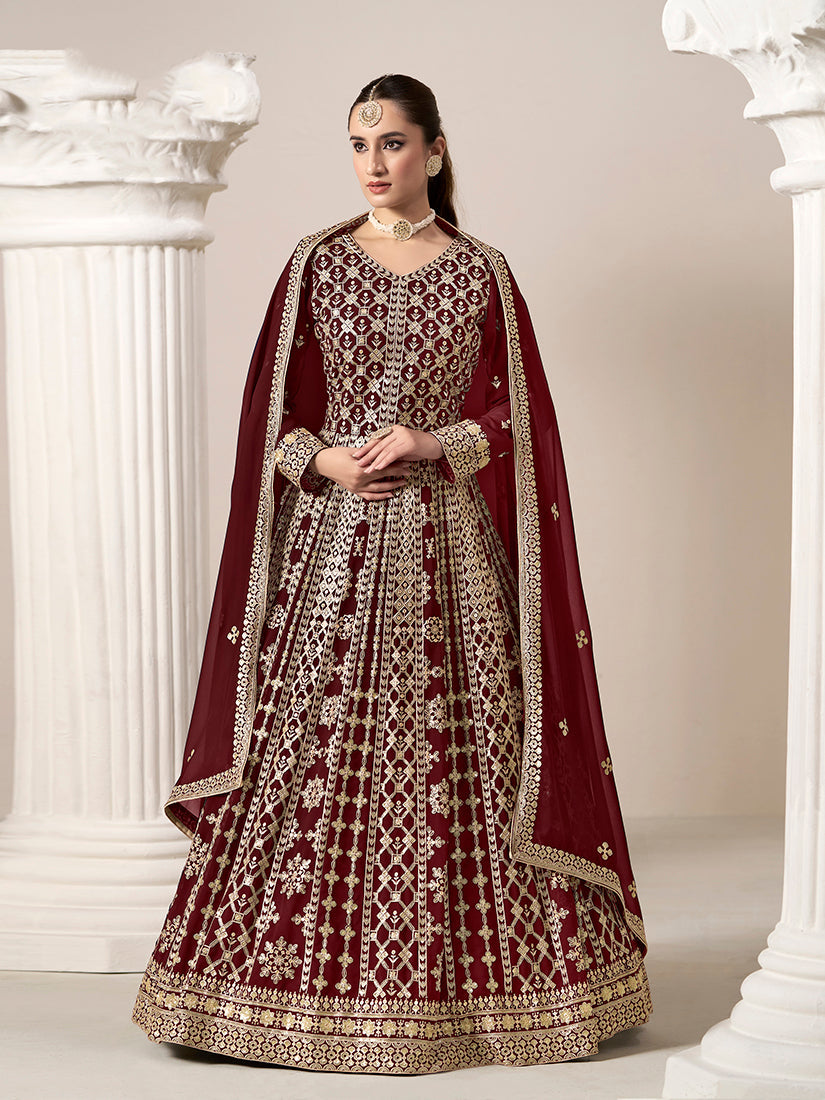 Maroon Faux Georgette Embroidered Ceremonial Anarkali Suit