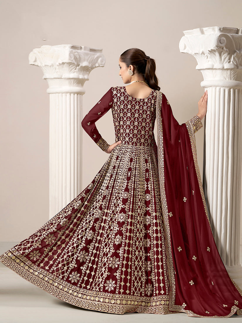 Maroon Faux Georgette Embroidered Ceremonial Anarkali Suit