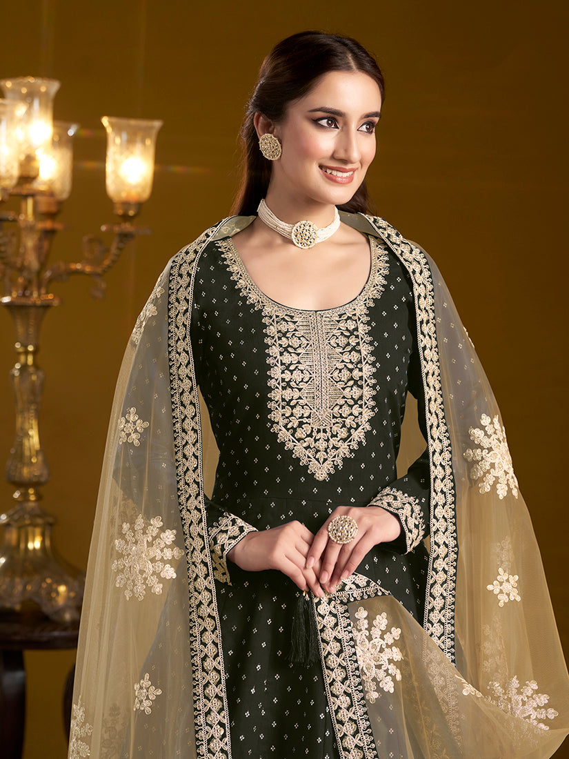 Black Chanderi Butti Embroidered Anarkali Suit With Heavy Dupatta