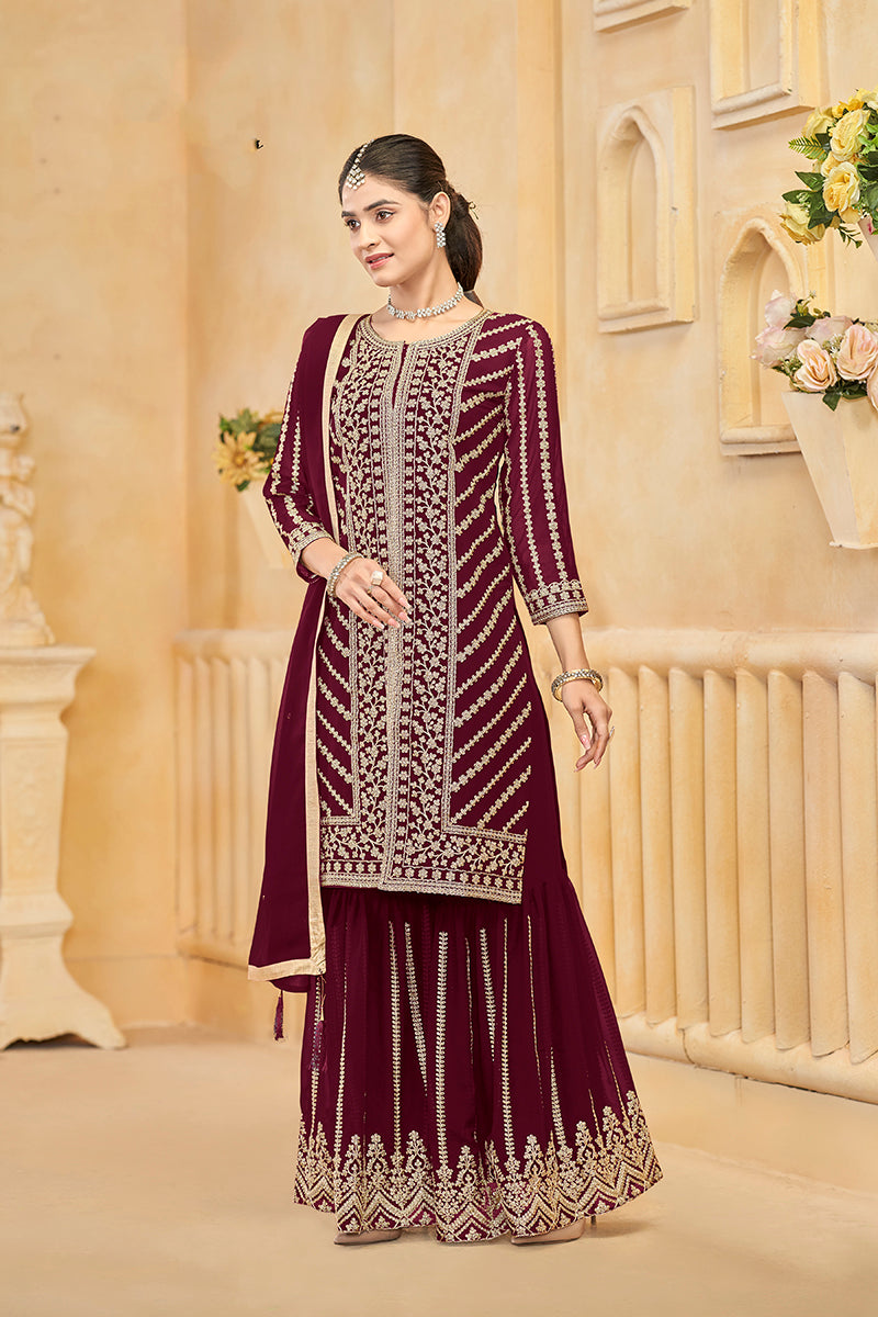 Maroon Faux Georgette Embroidered Trendy Sharara Set