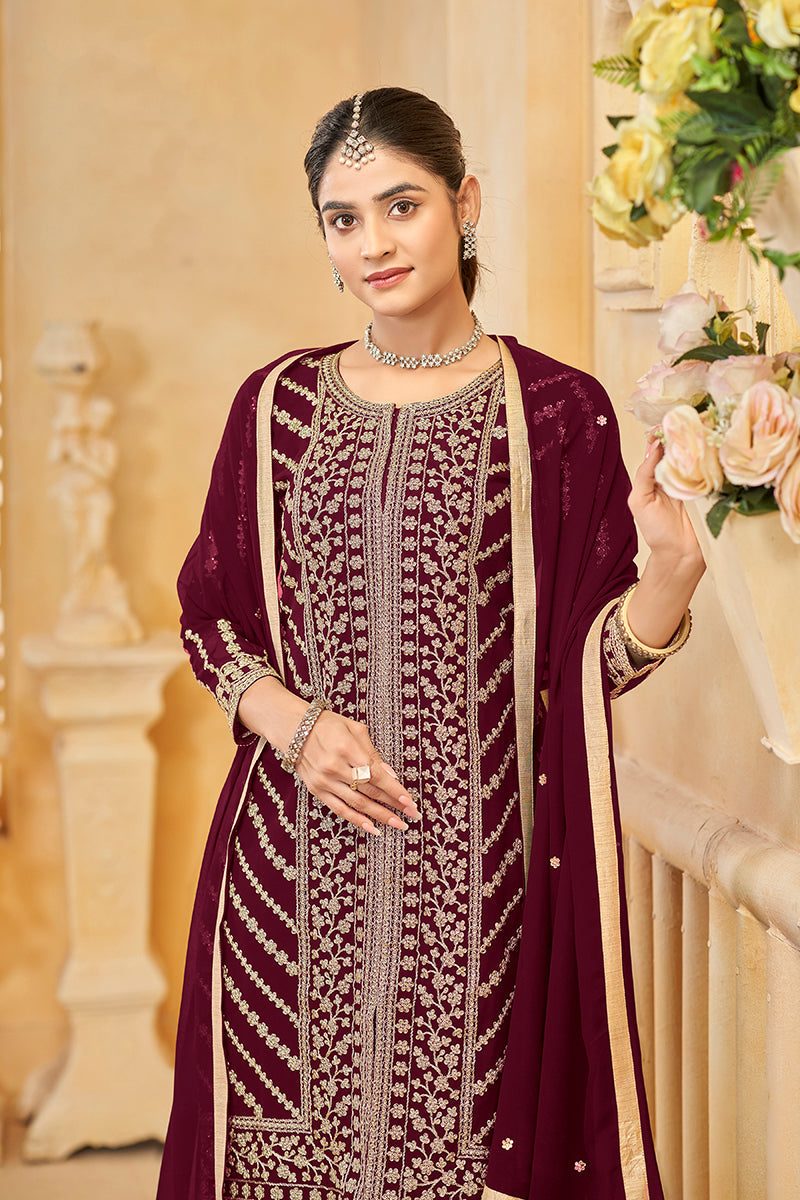 Maroon Faux Georgette Embroidered Trendy Sharara Set