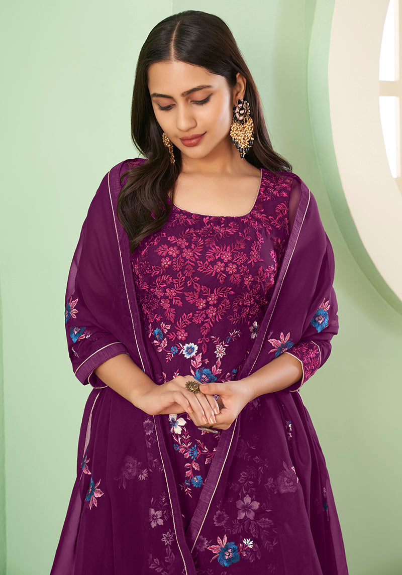 Purple Georgette Embroidered Plazzo Salwar Kameez