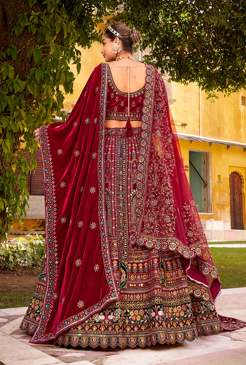 Maroon Heavy Zarkan Diamond & Mirror Hand Embroidery Velvet Bridal Lehenga Choli With Double Dupatta