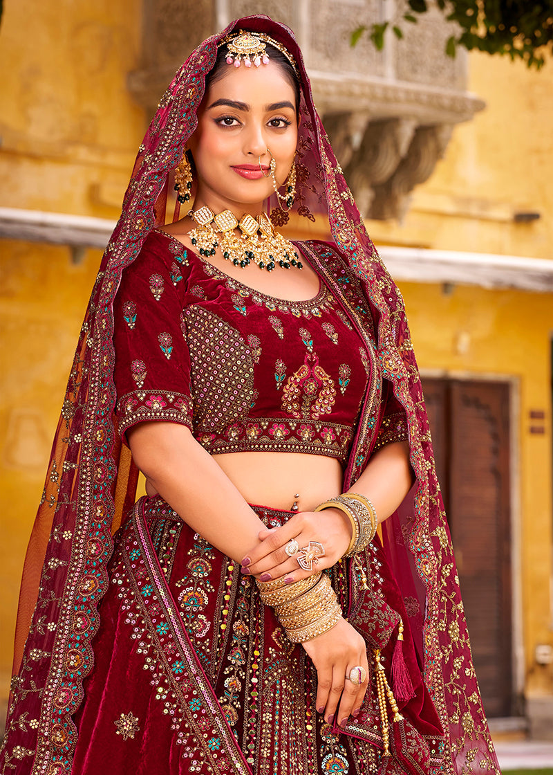 Maroon Heavy Zarkan Diamond & Mirror Hand Embroidery Velvet Bridal Lehenga Choli With Double Dupatta
