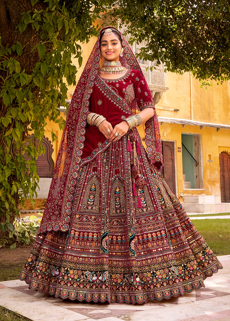 Maroon Heavy Zarkan Diamond & Mirror Hand Embroidery Velvet Bridal Lehenga Choli With Double Dupatta