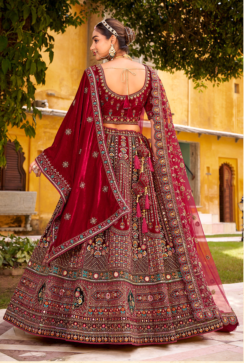 Maroon Heavy Zarkan Diamond & Mirror Hand Embroidery Velvet Bridal Lehenga Choli With Double Dupatta