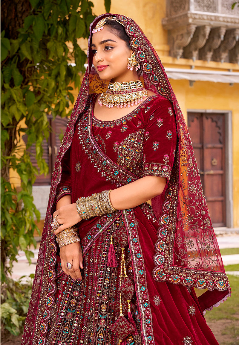 Maroon Heavy Zarkan Diamond & Mirror Hand Embroidery Velvet Bridal Lehenga Choli With Double Dupatta