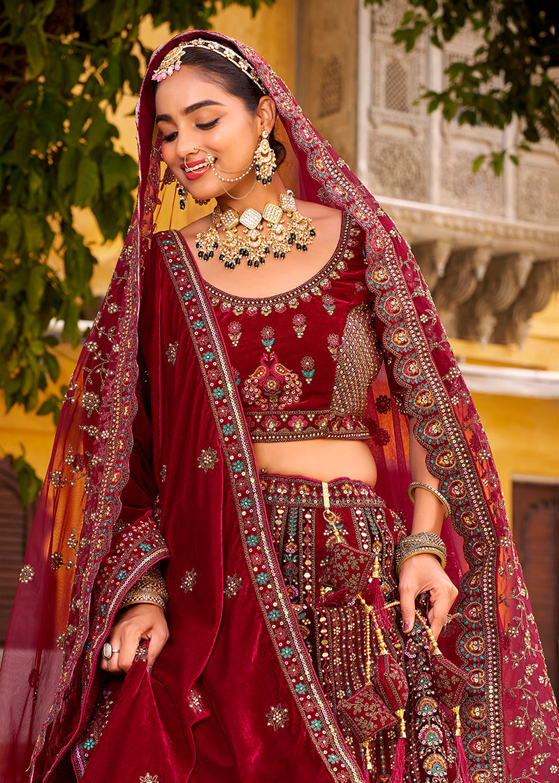 Maroon Heavy Zarkan Diamond & Mirror Hand Embroidery Velvet Bridal Lehenga Choli With Double Dupatta