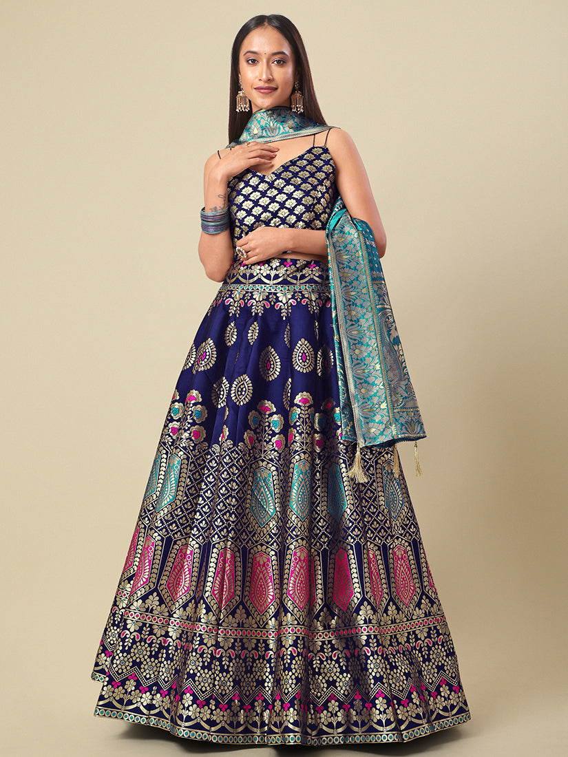 Navy Blue Jacquard Zari Woven Lehenga With Light Blue Banarasi Dupatta