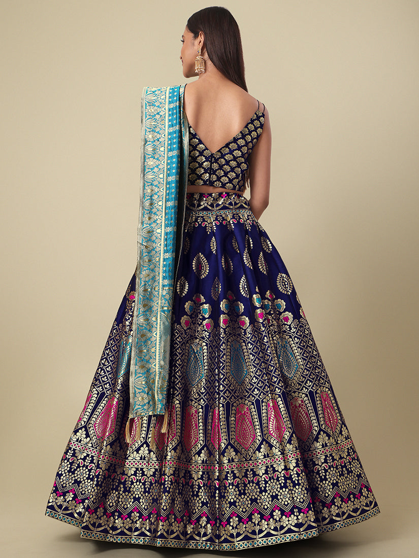 Navy Blue Jacquard Zari Woven Lehenga With Light Blue Banarasi Dupatta