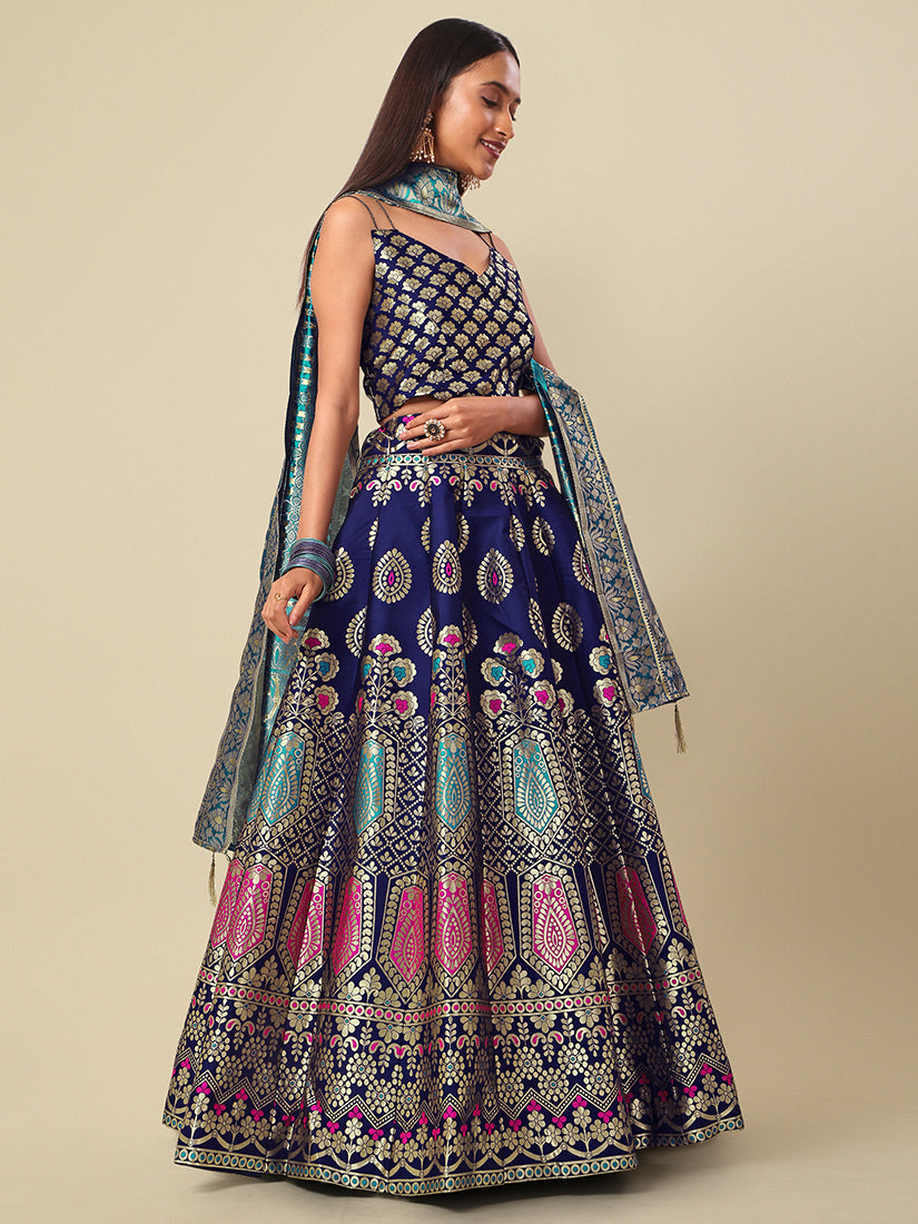 Navy Blue Jacquard Zari Woven Lehenga With Light Blue Banarasi Dupatta