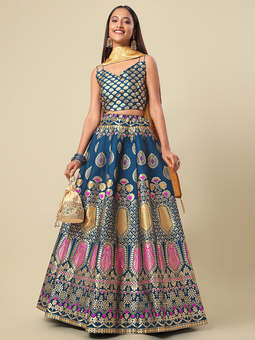 Navy Blue Jacquard Zari Woven Lehenga With Light Blue Banarasi Dupatta