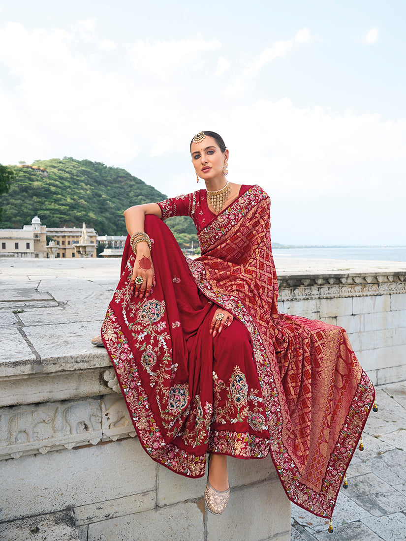 Maroon kanjivaram Silk Embroidered Work Saree