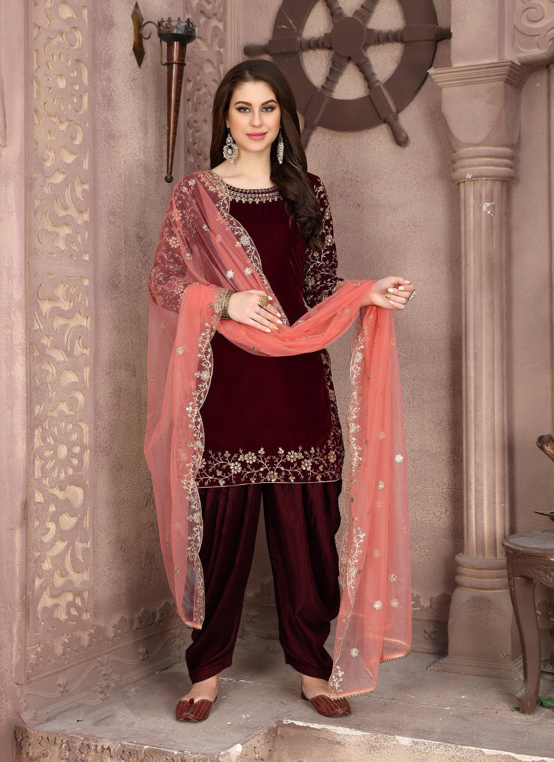 Maroon Velvet Embroidery Stunning Patiala Suit