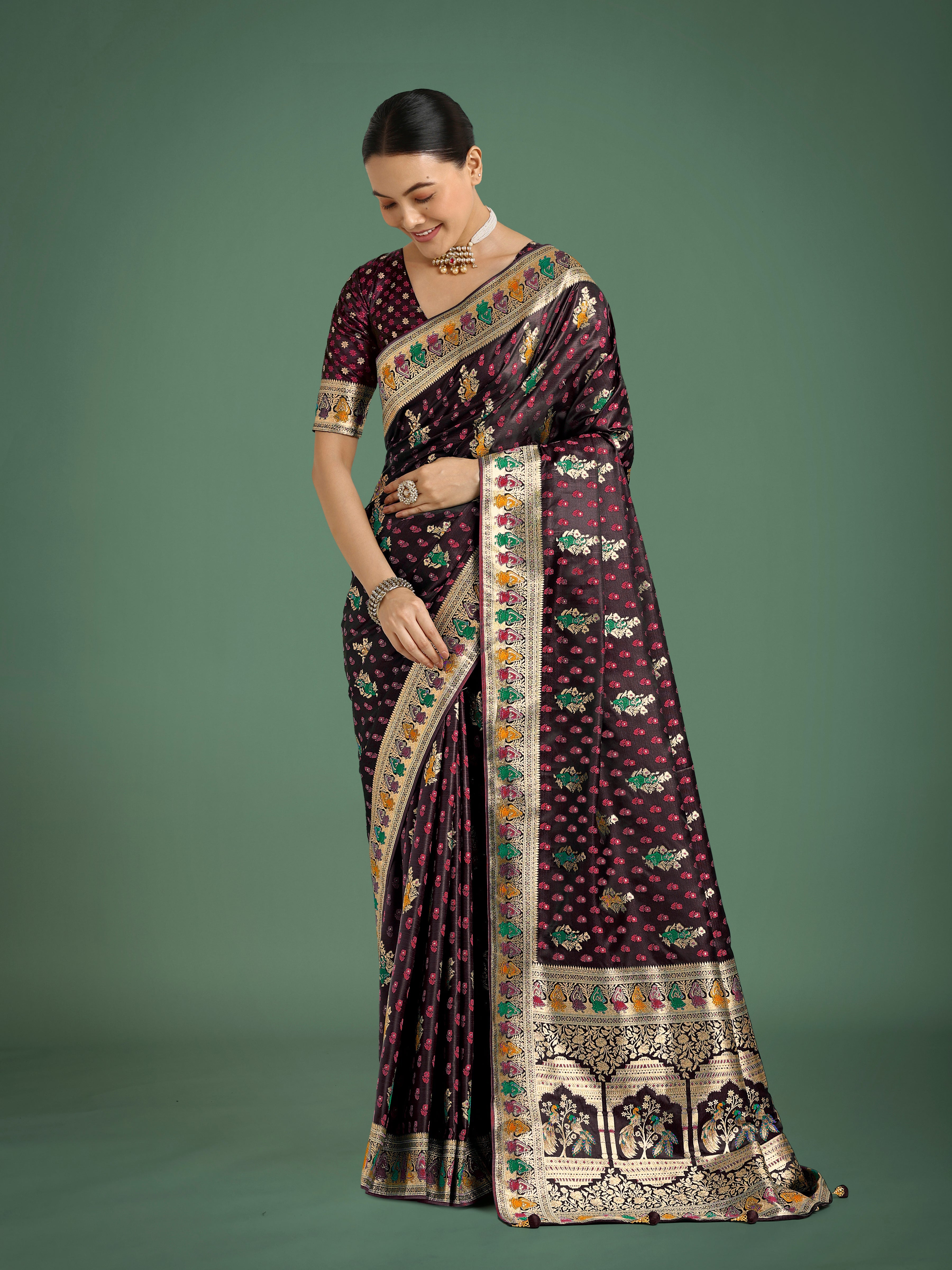 Maroon With Gold Bordar Banarasi Zari Woven Satin Saree