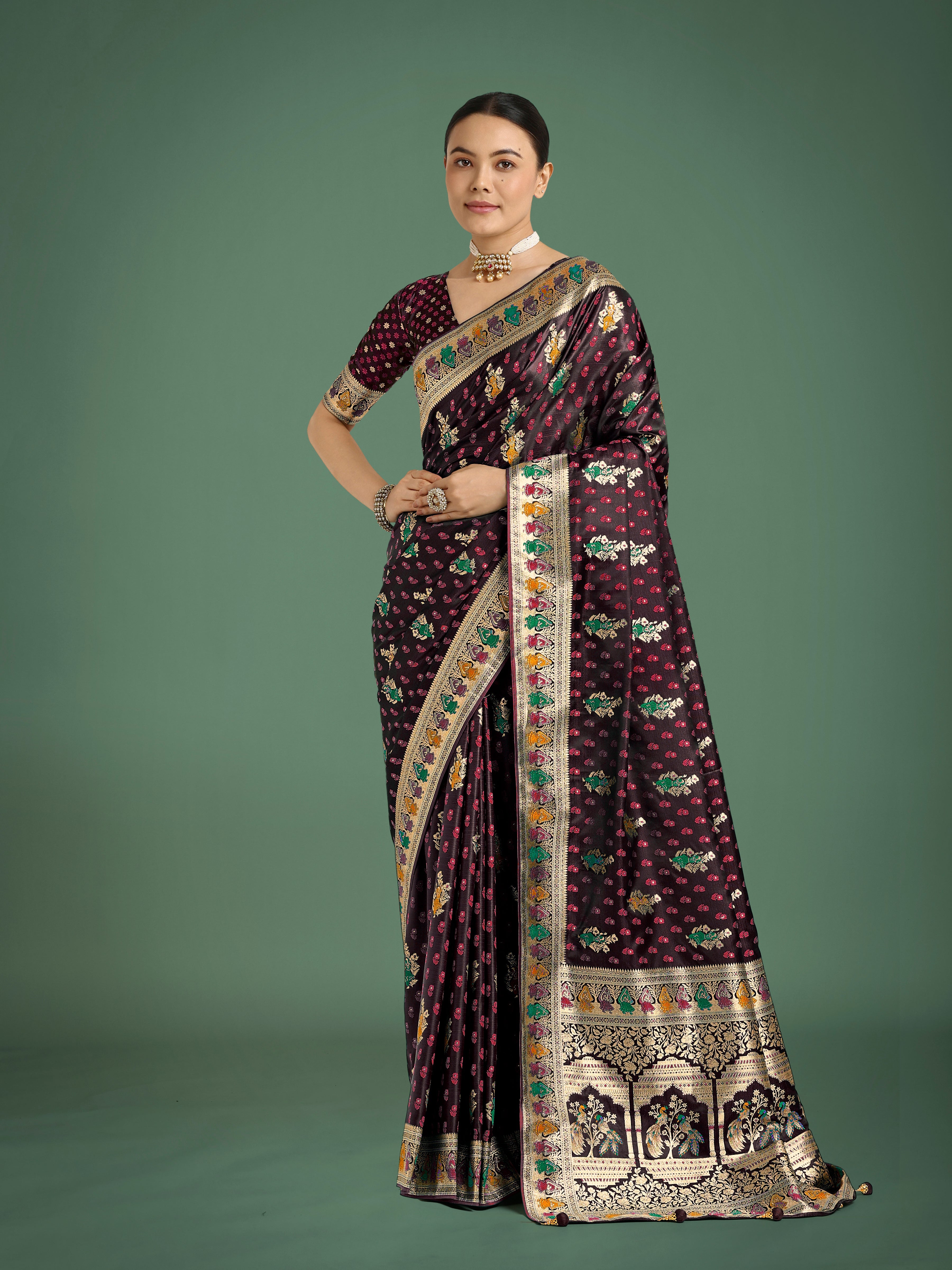 Maroon With Gold Bordar Banarasi Zari Woven Satin Saree