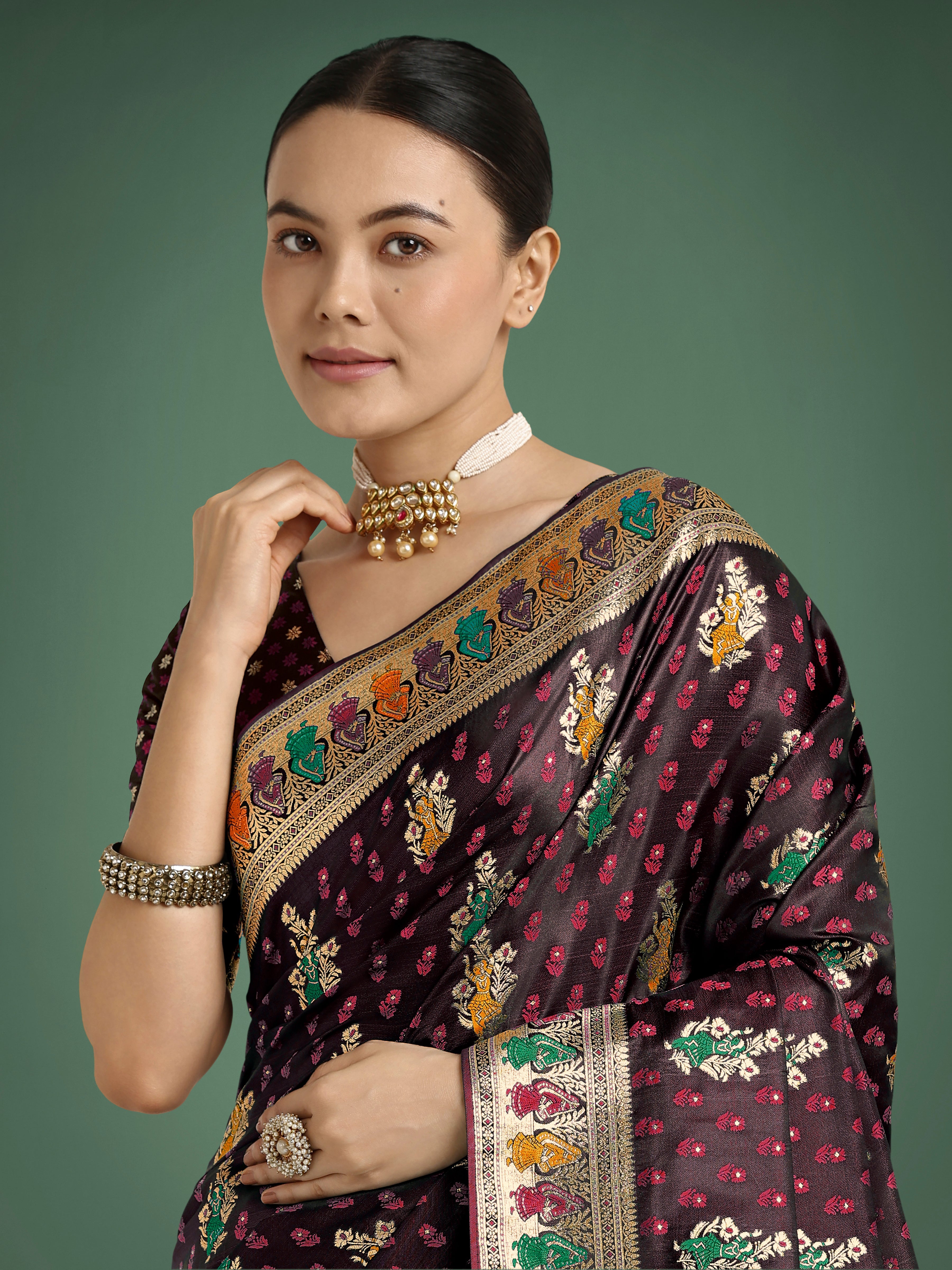 Maroon With Gold Bordar Banarasi Zari Woven Satin Saree
