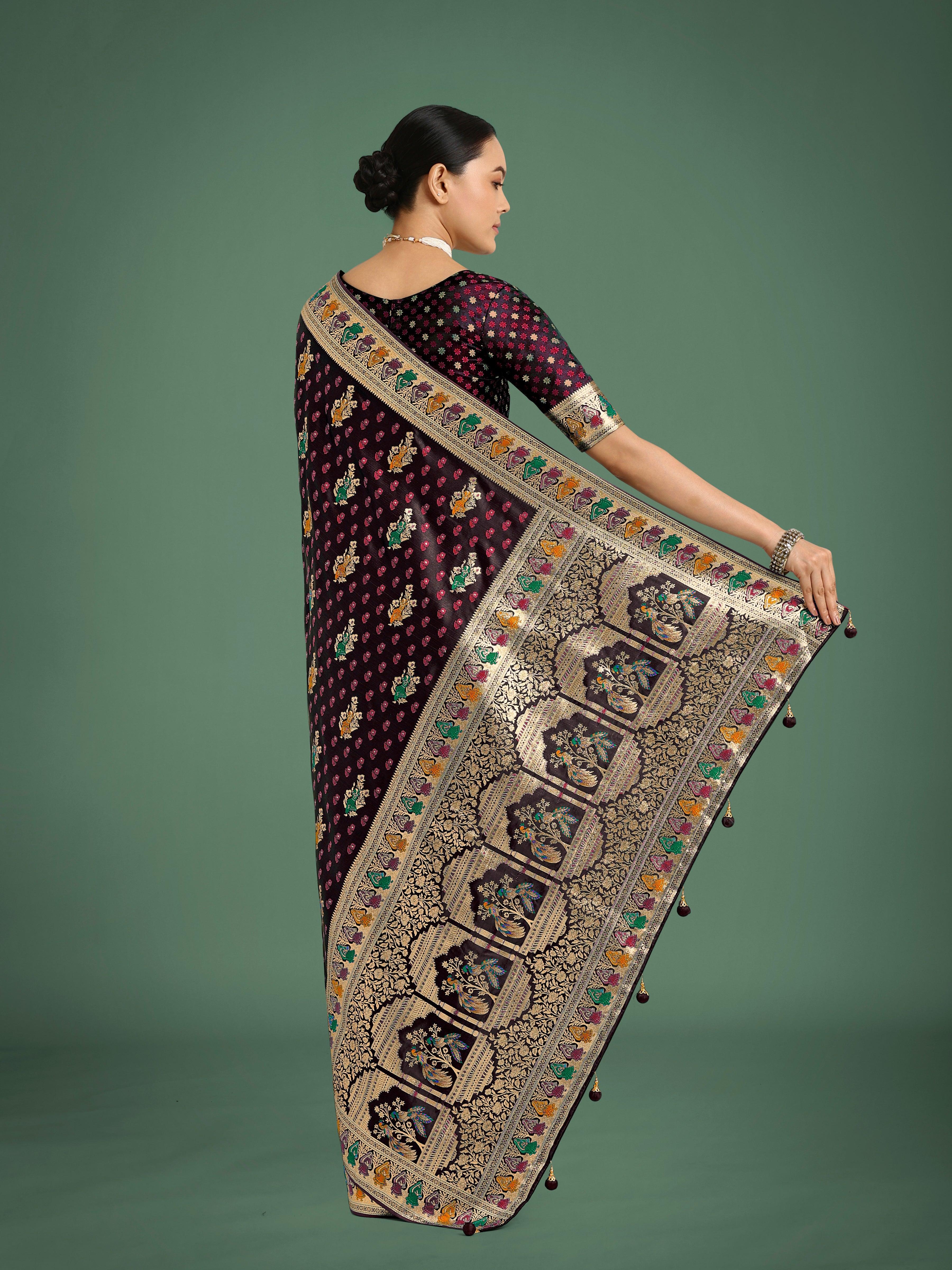 Maroon With Gold Bordar Banarasi Zari Woven Satin Saree