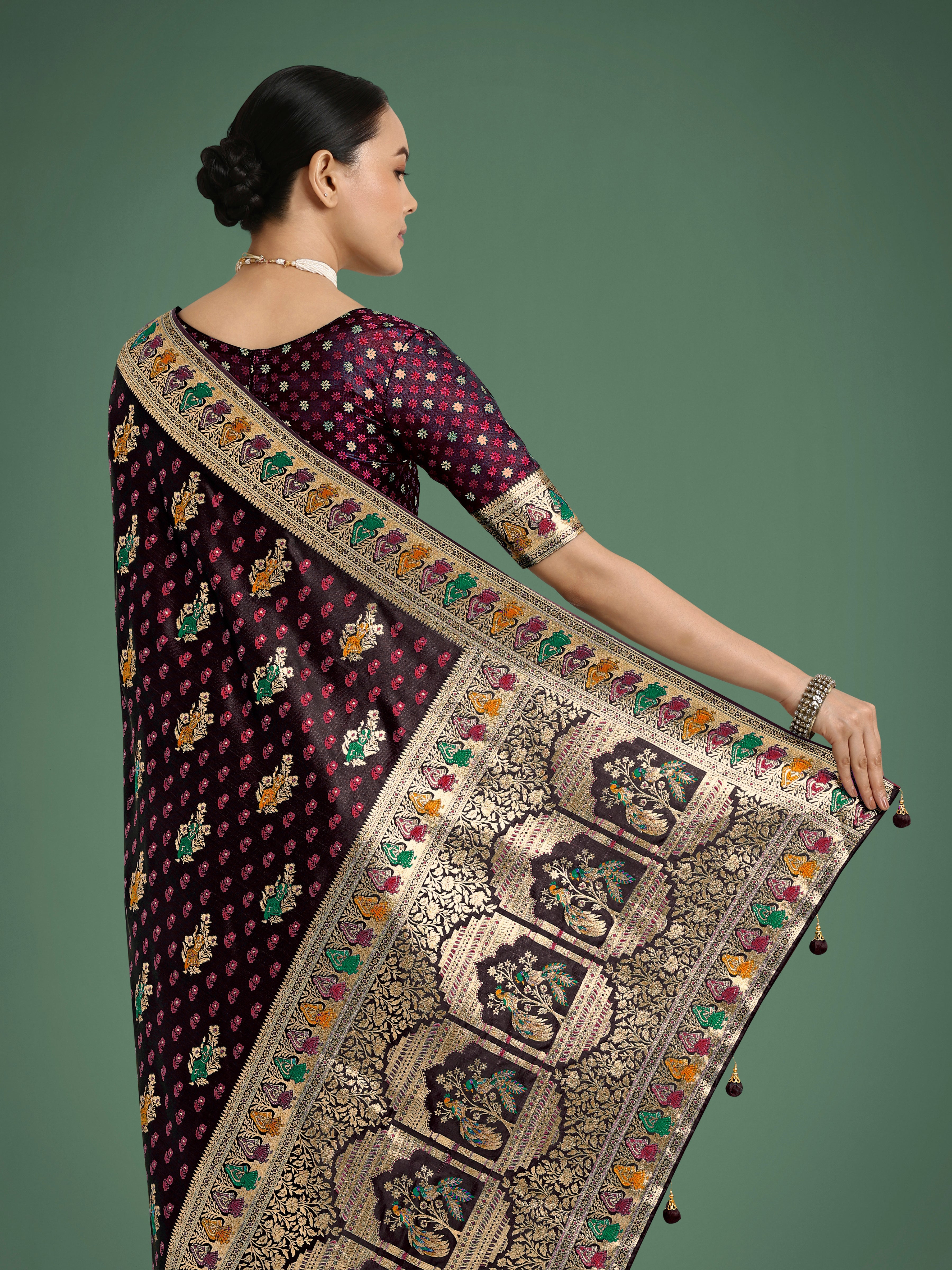 Maroon With Gold Bordar Banarasi Zari Woven Satin Saree