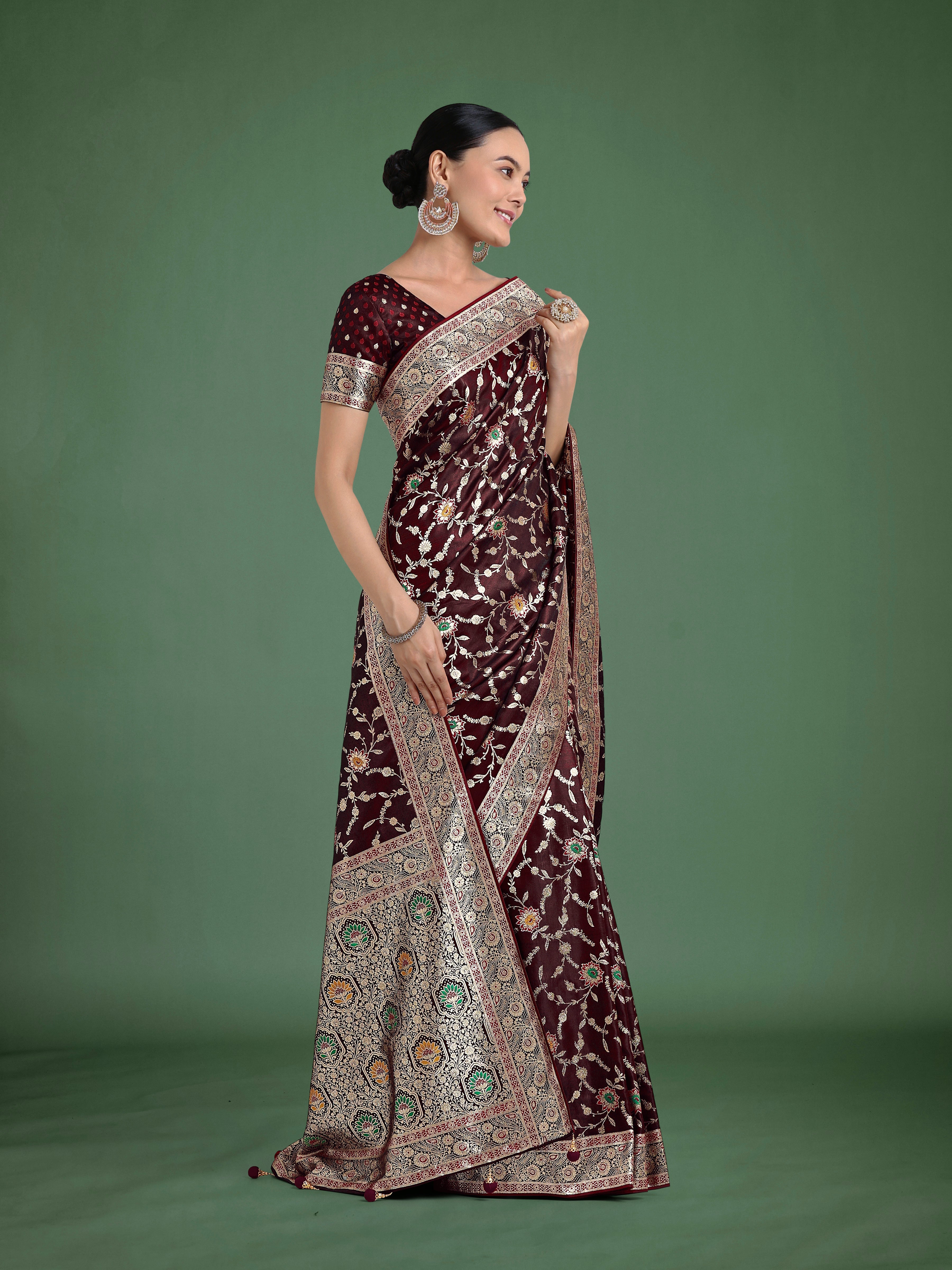 Maroon Zari Woven Banarasi Classic Satin Silk Saree