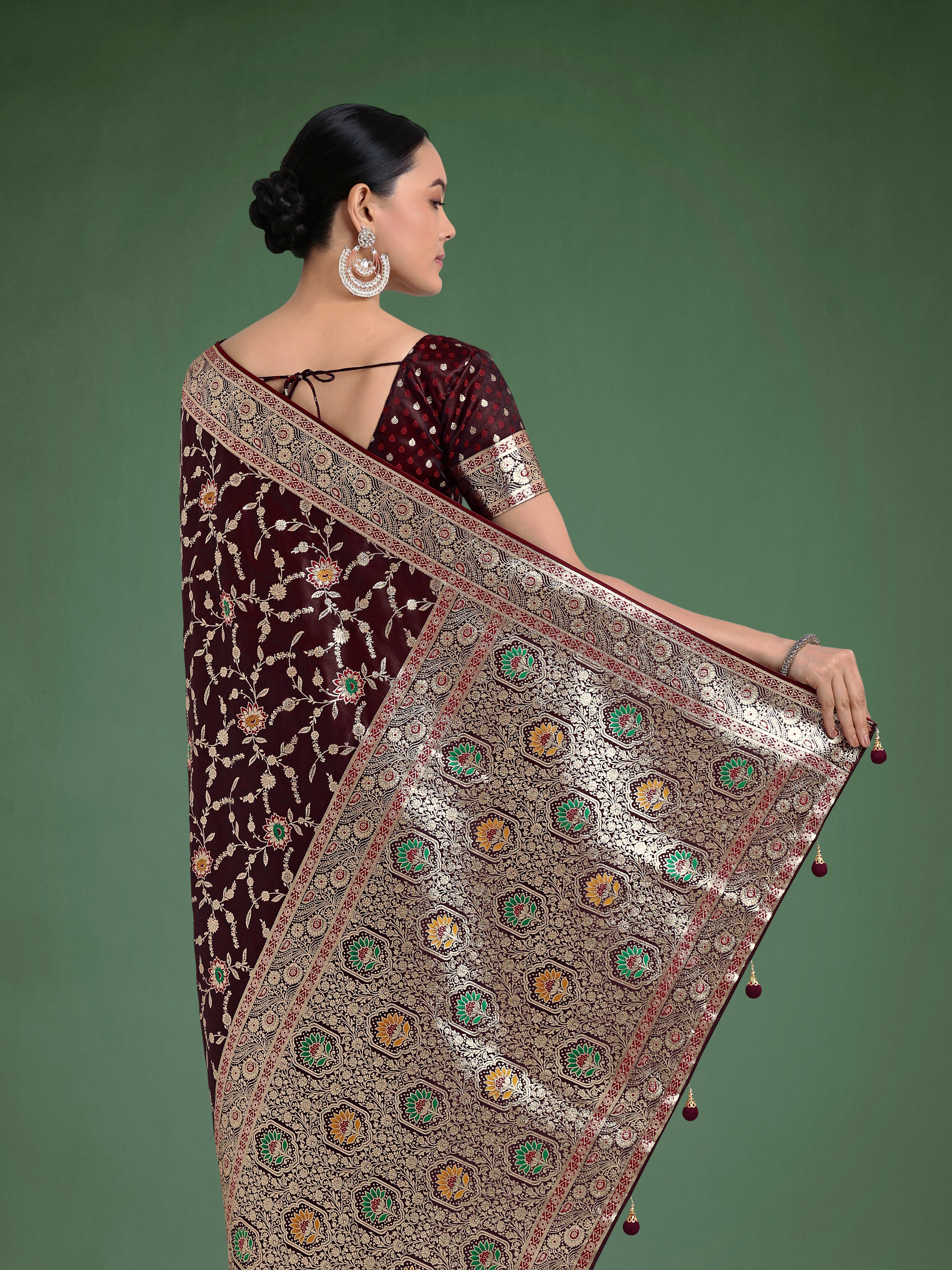 Maroon Zari Woven Banarasi Classic Satin Silk Saree