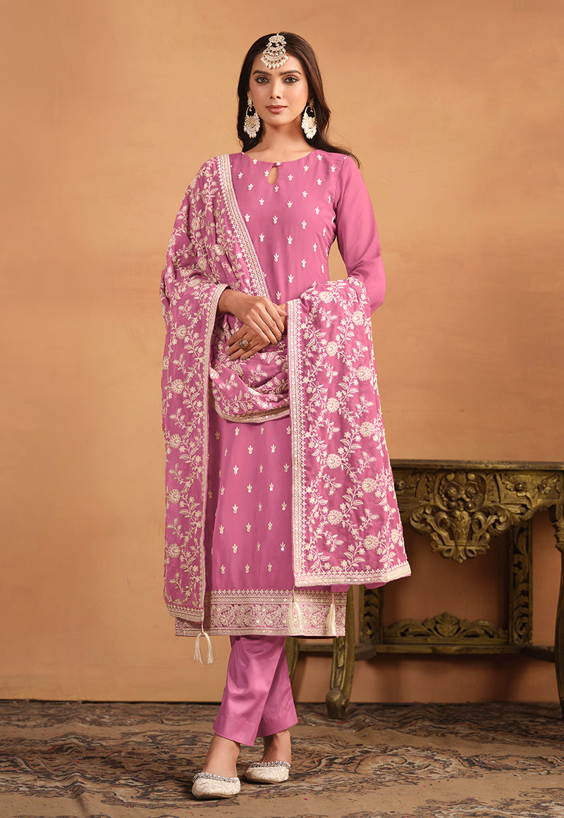Pink Faux Georgette Embroidered Trendy Salwar Suit - Monjolika Fashion