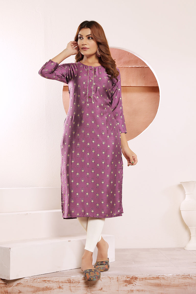 Lavender Viscose Maslin Print With Pocket Stylish Kurti