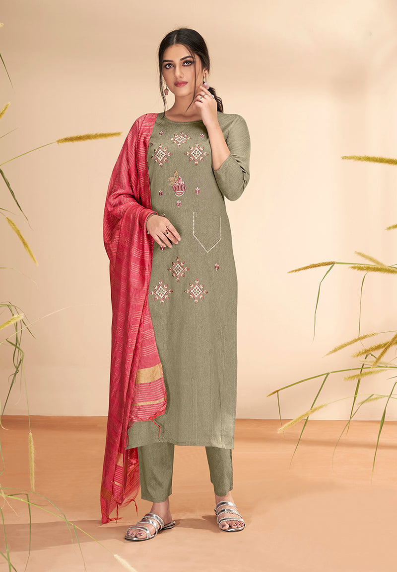 Olive  Massert Cotton Embroidered Festival Wear Salwar Suit