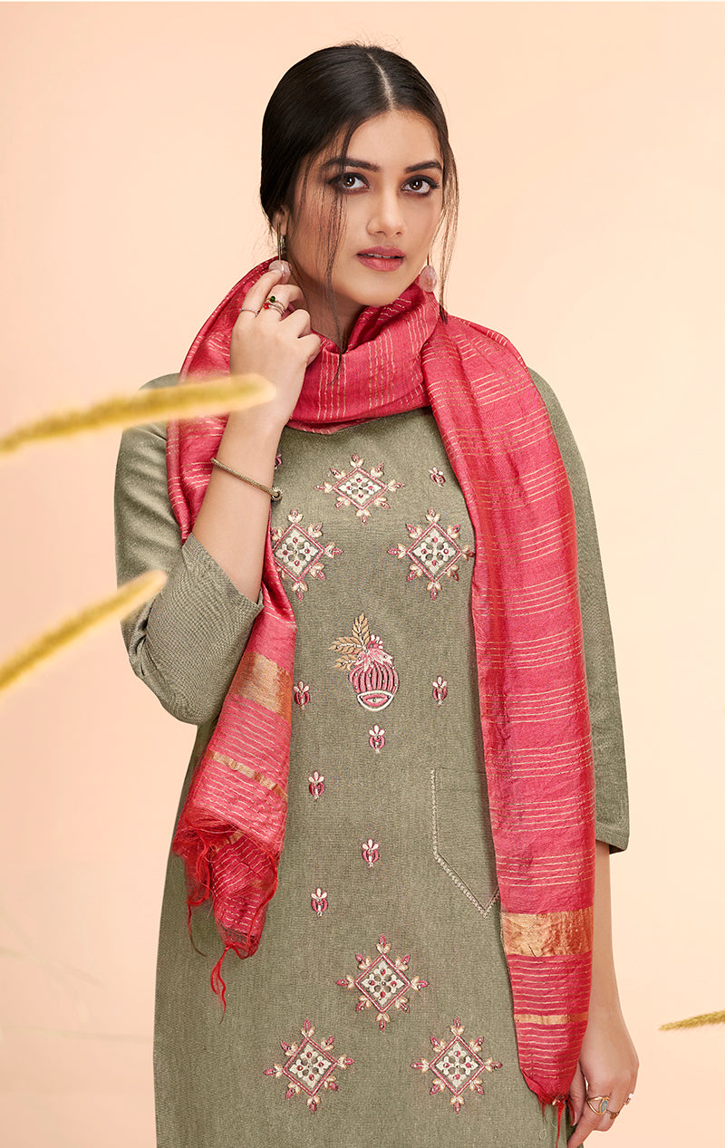 Olive  Massert Cotton Embroidered Festival Wear Salwar Suit