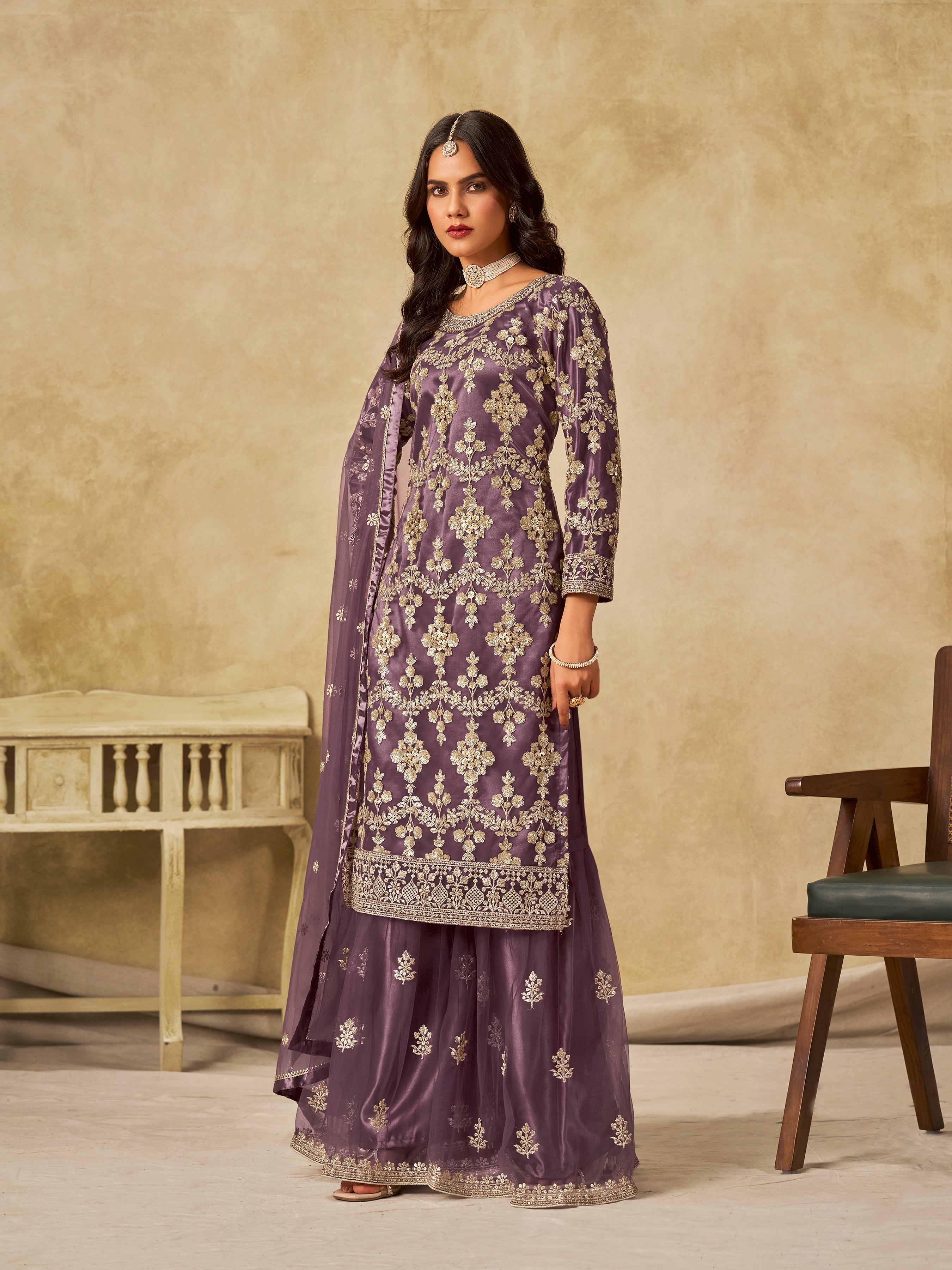 Mauve Embroidered Sequins Work Net Palazzo Salwar Kameez