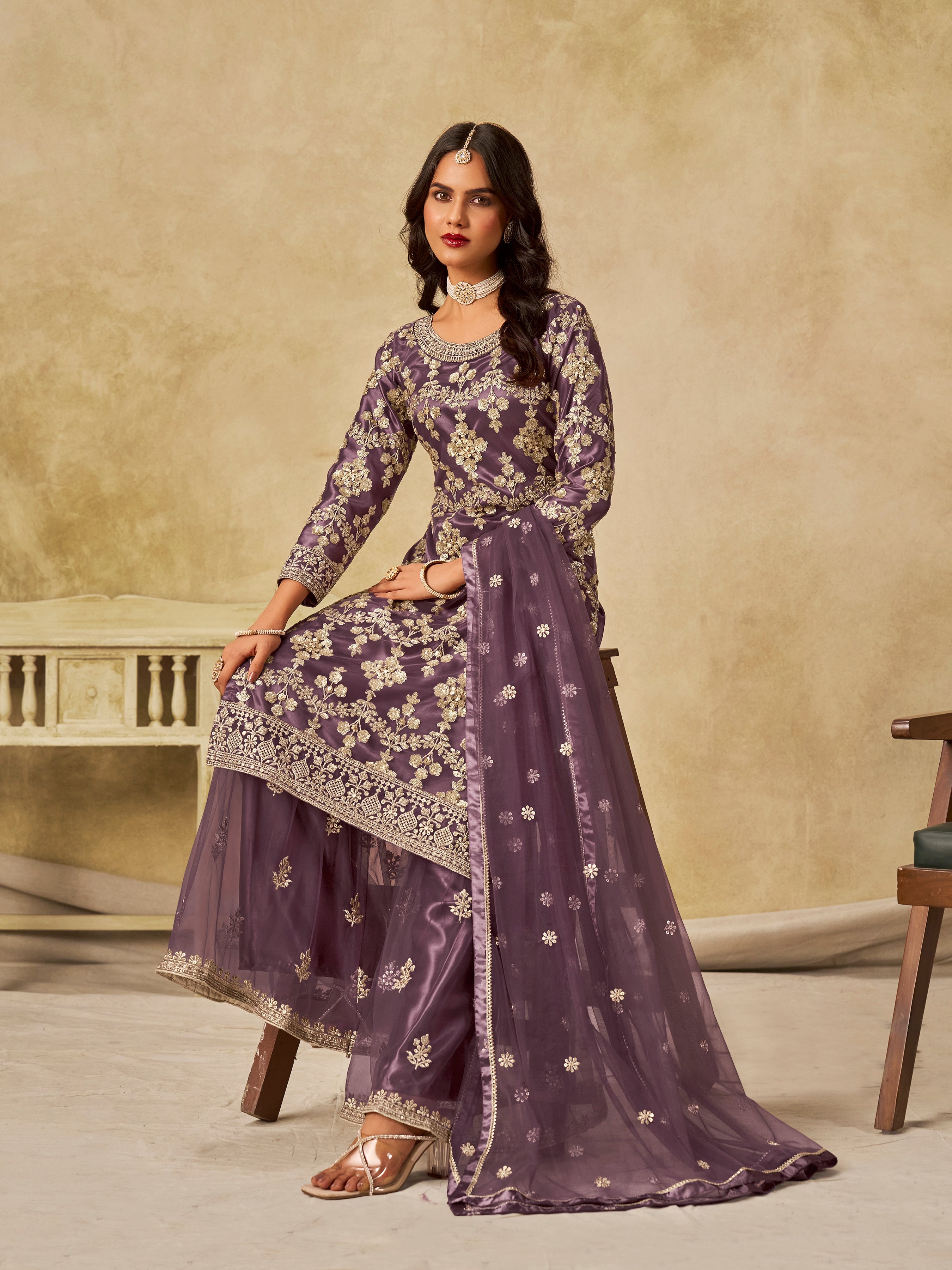 Mauve Embroidered Sequins Work Net Palazzo Salwar Kameez