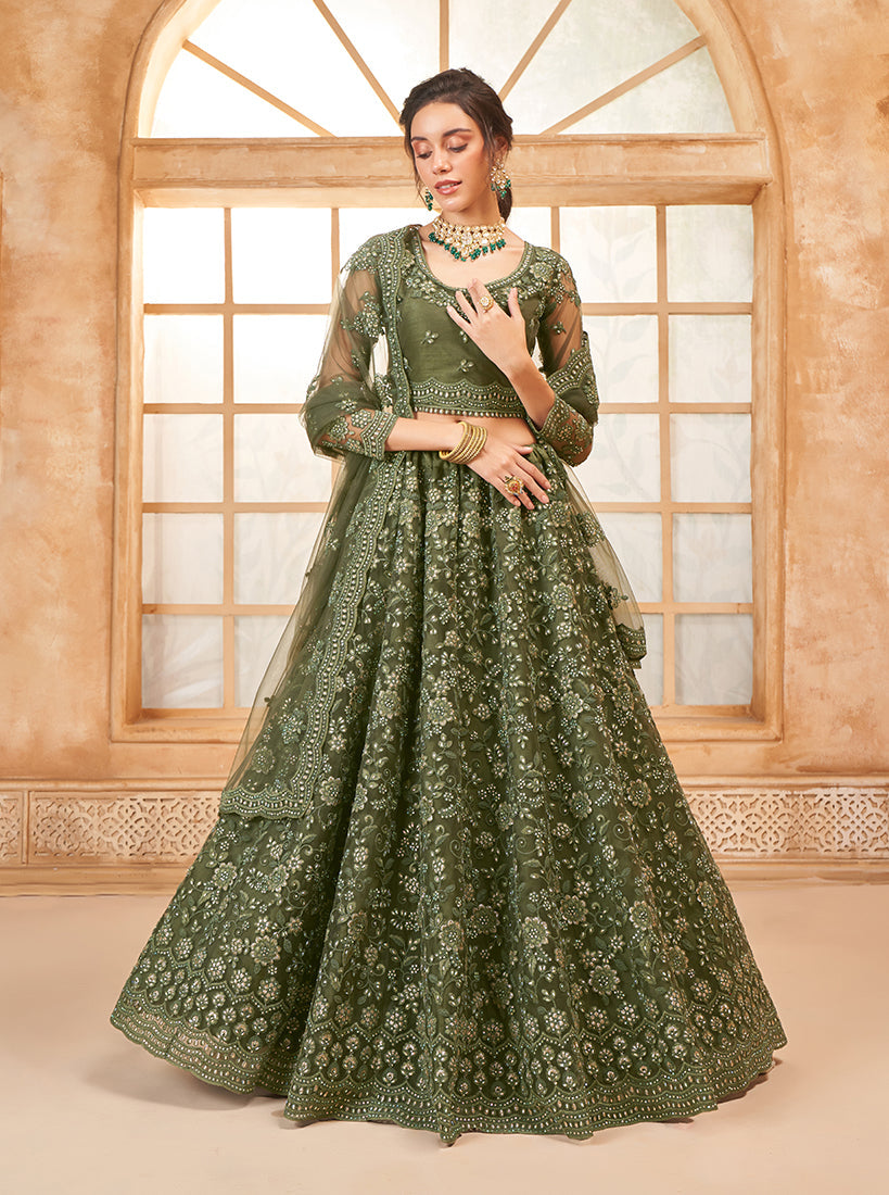 Mehendi Green Net Embroidered Designer Bridal Lehenga Choli
