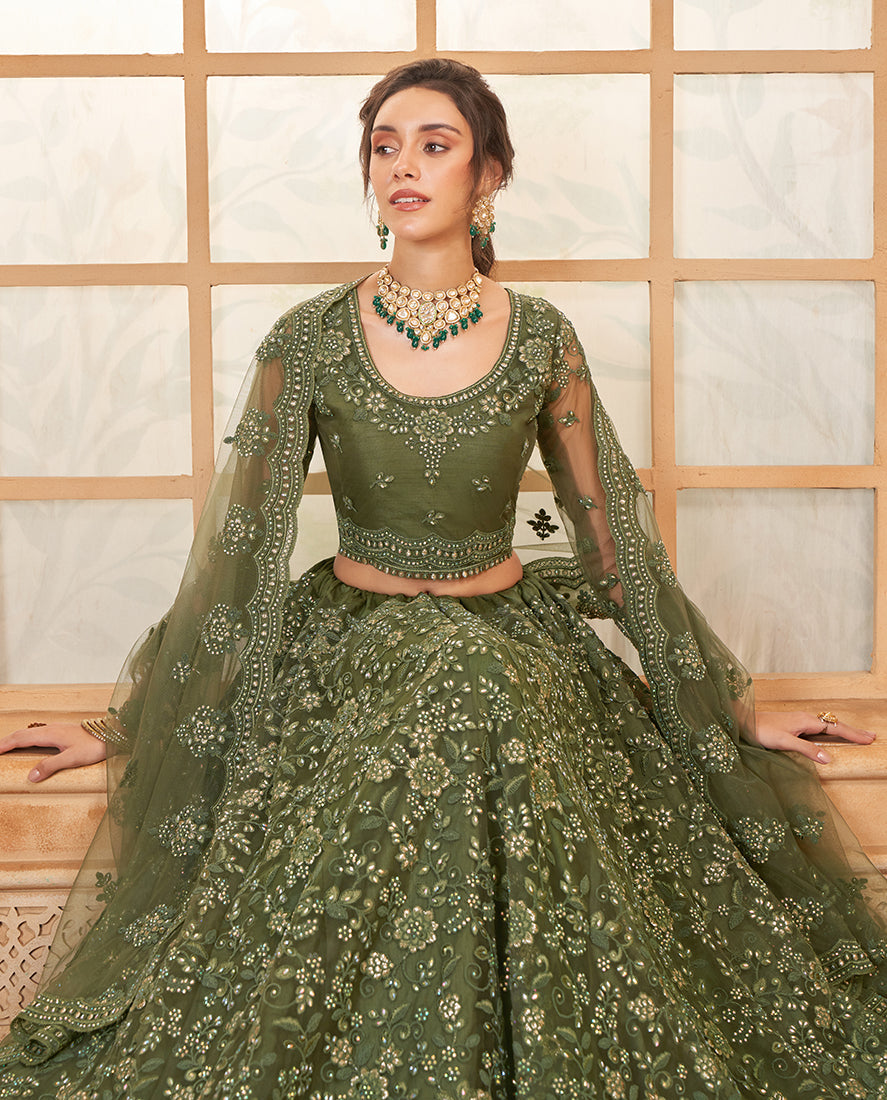 Mehendi Green Net Embroidered Designer Bridal Lehenga Choli