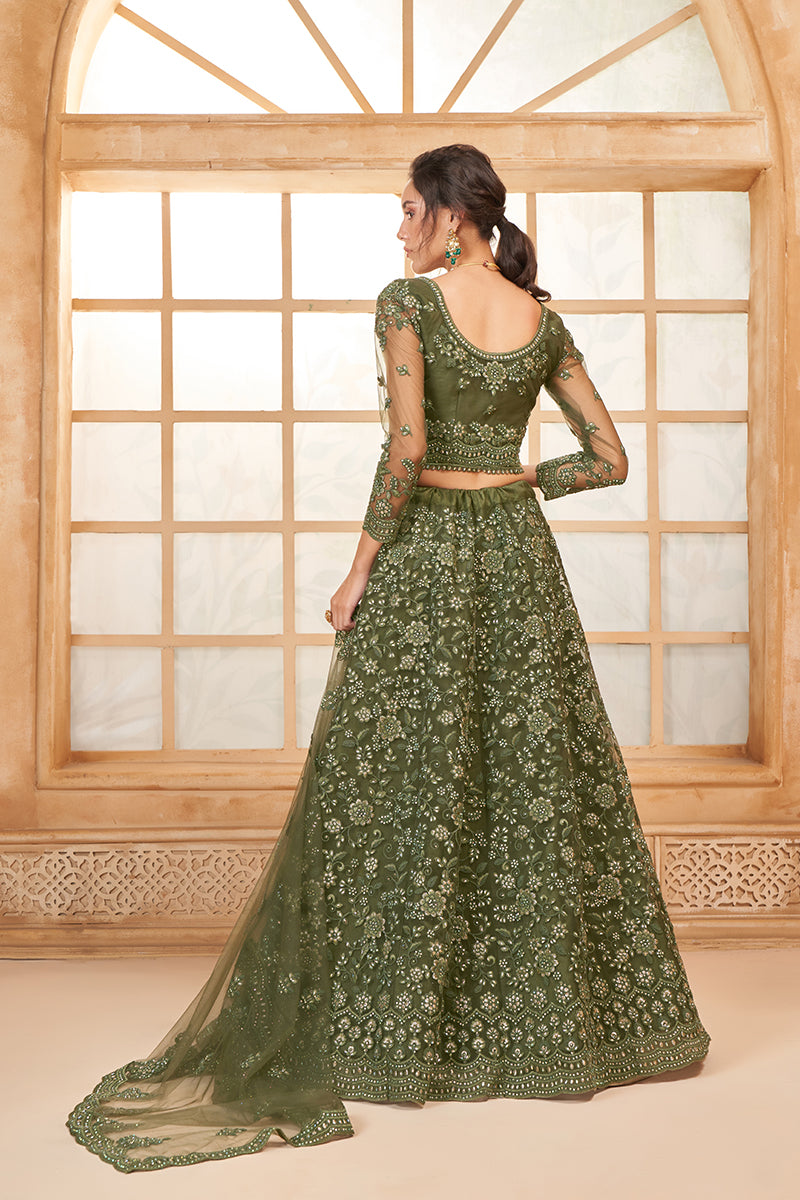 Mehendi Green Net Embroidered Designer Bridal Lehenga Choli