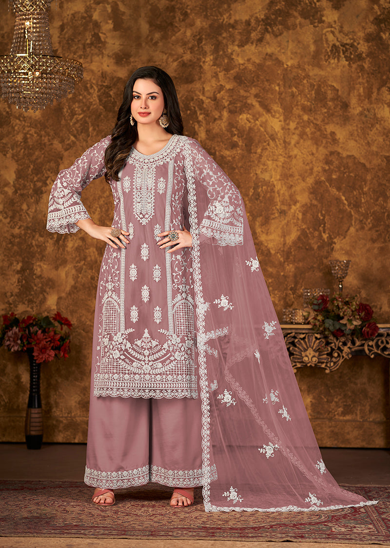 Mauve Net Embroidered Stunning Palazzo Suit